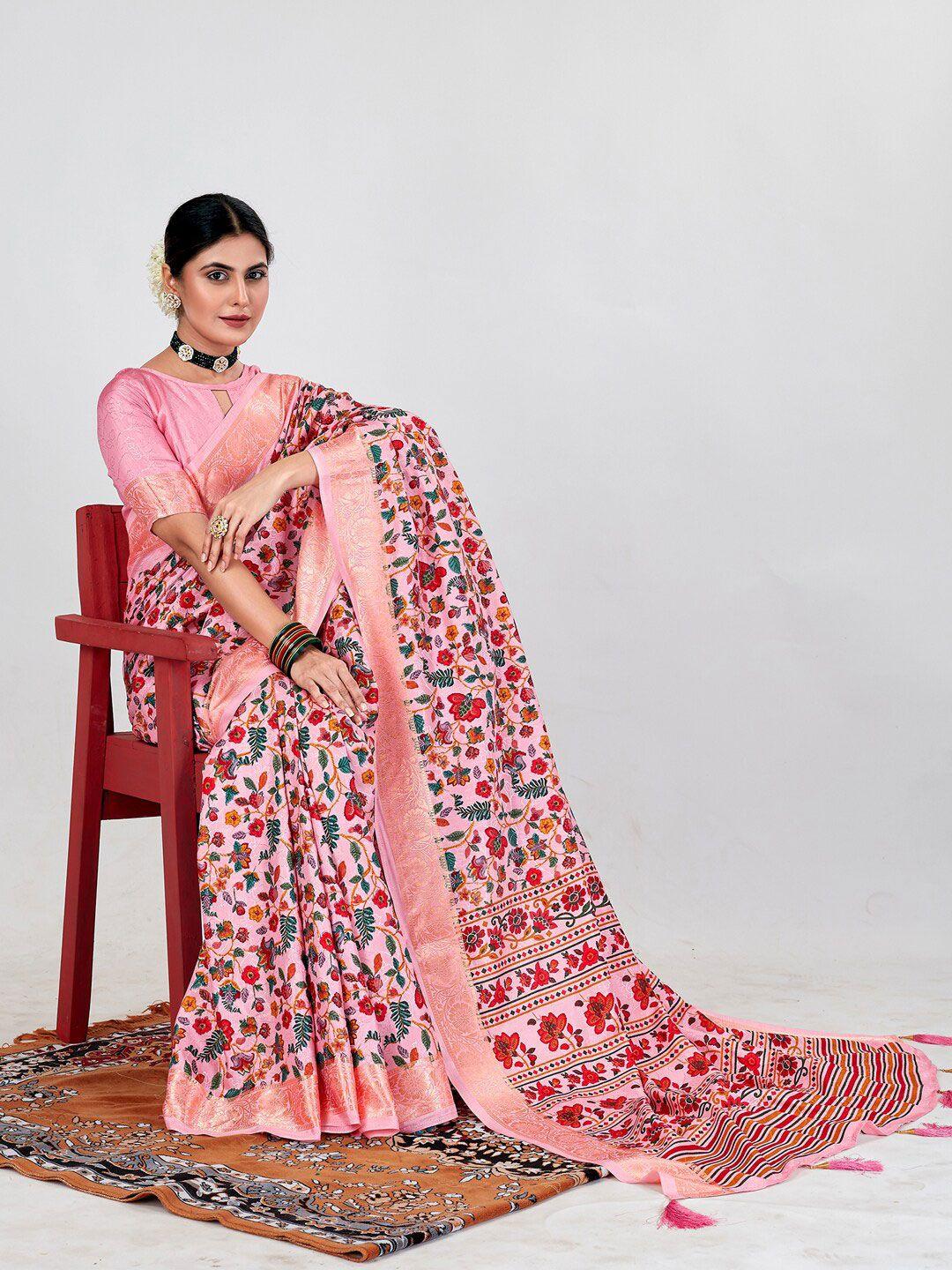 anouk pink & red floral printed zari saree