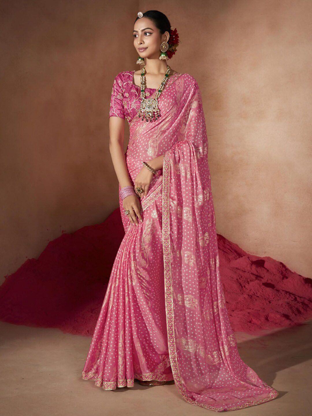 anouk pink & white bandhani sequinned pure chiffon bandhani saree