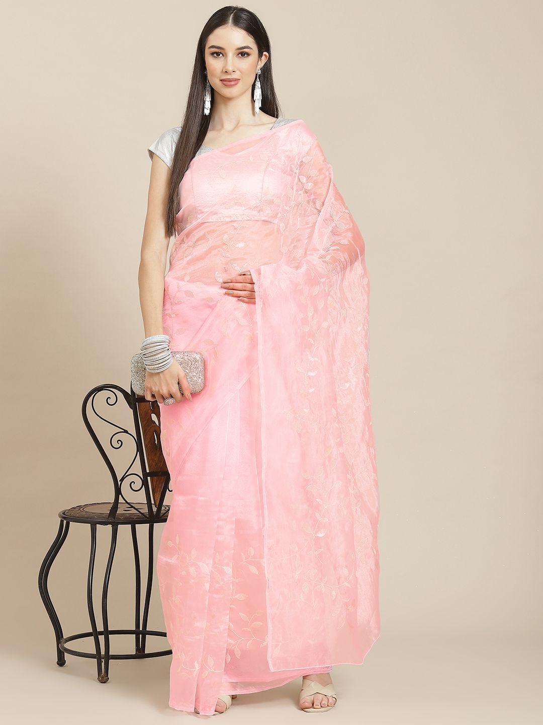 anouk pink & white embellished sequinned organza saree