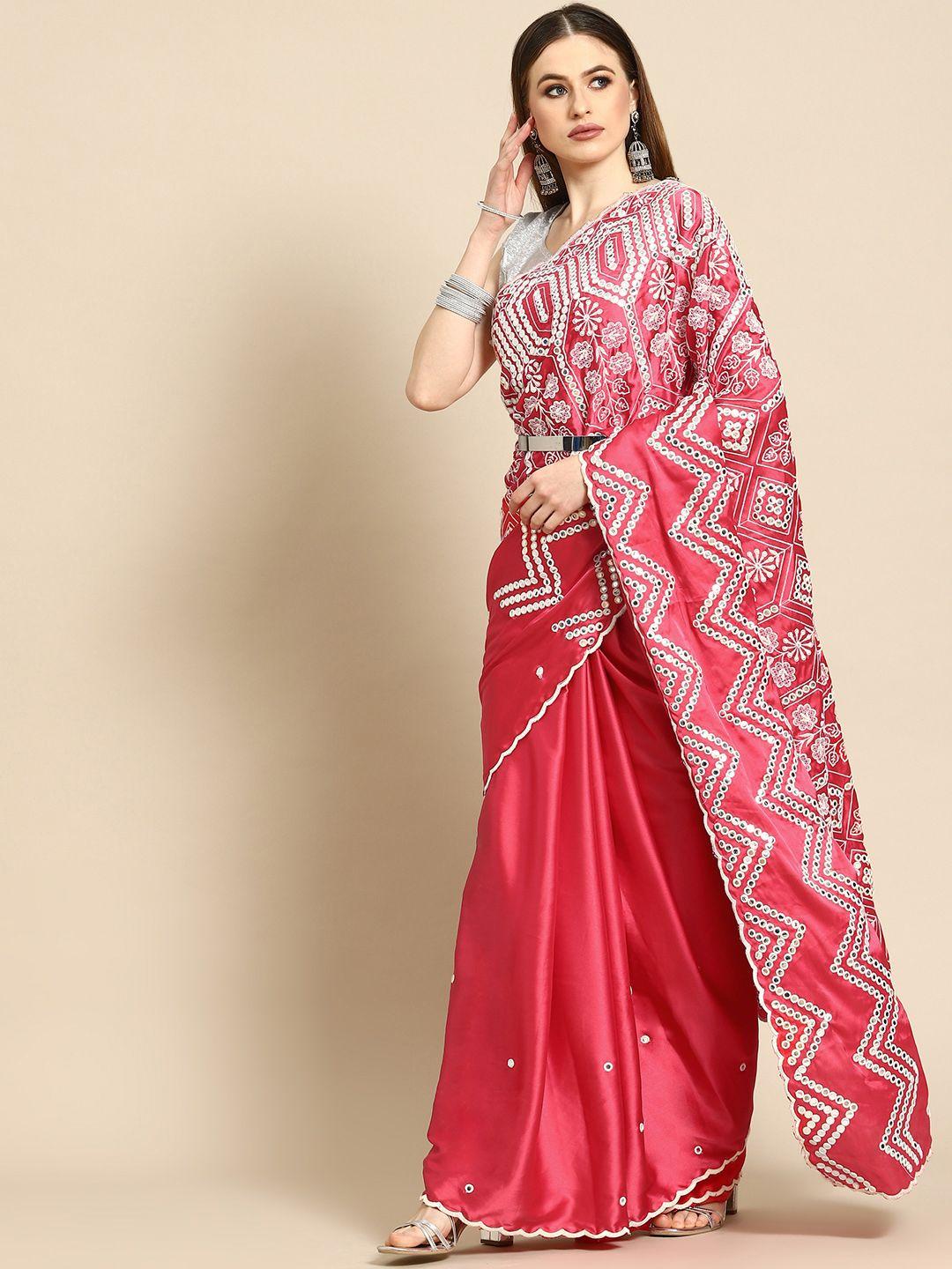 anouk pink & white ethnic motifs mirror work satin saree