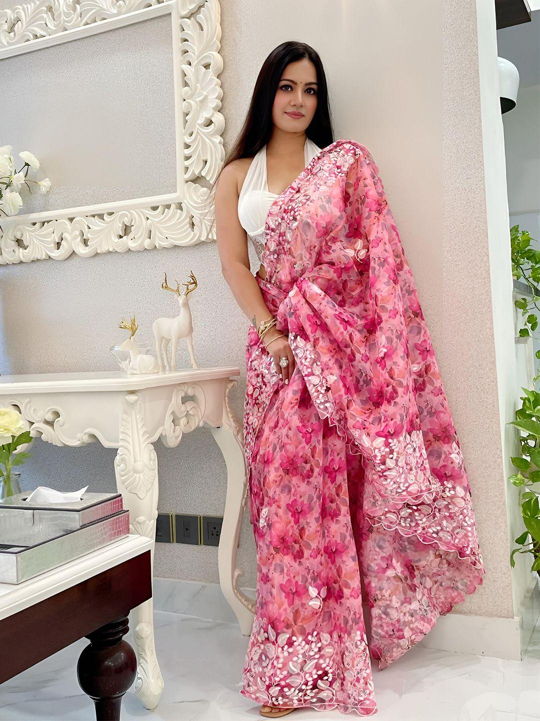 anouk pink & white floral embroidered organza saree