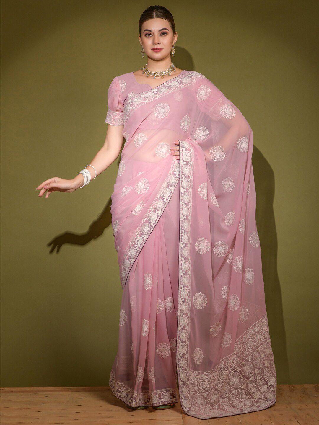 anouk pink & white floral embroidered pure georgette saree