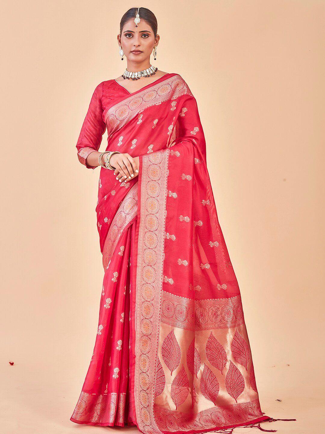 anouk pink & yellow ethnic motifs woven design zari organza saree