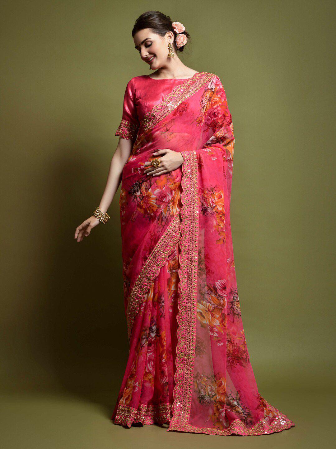 anouk pink & yellow floral printed embroidered saree