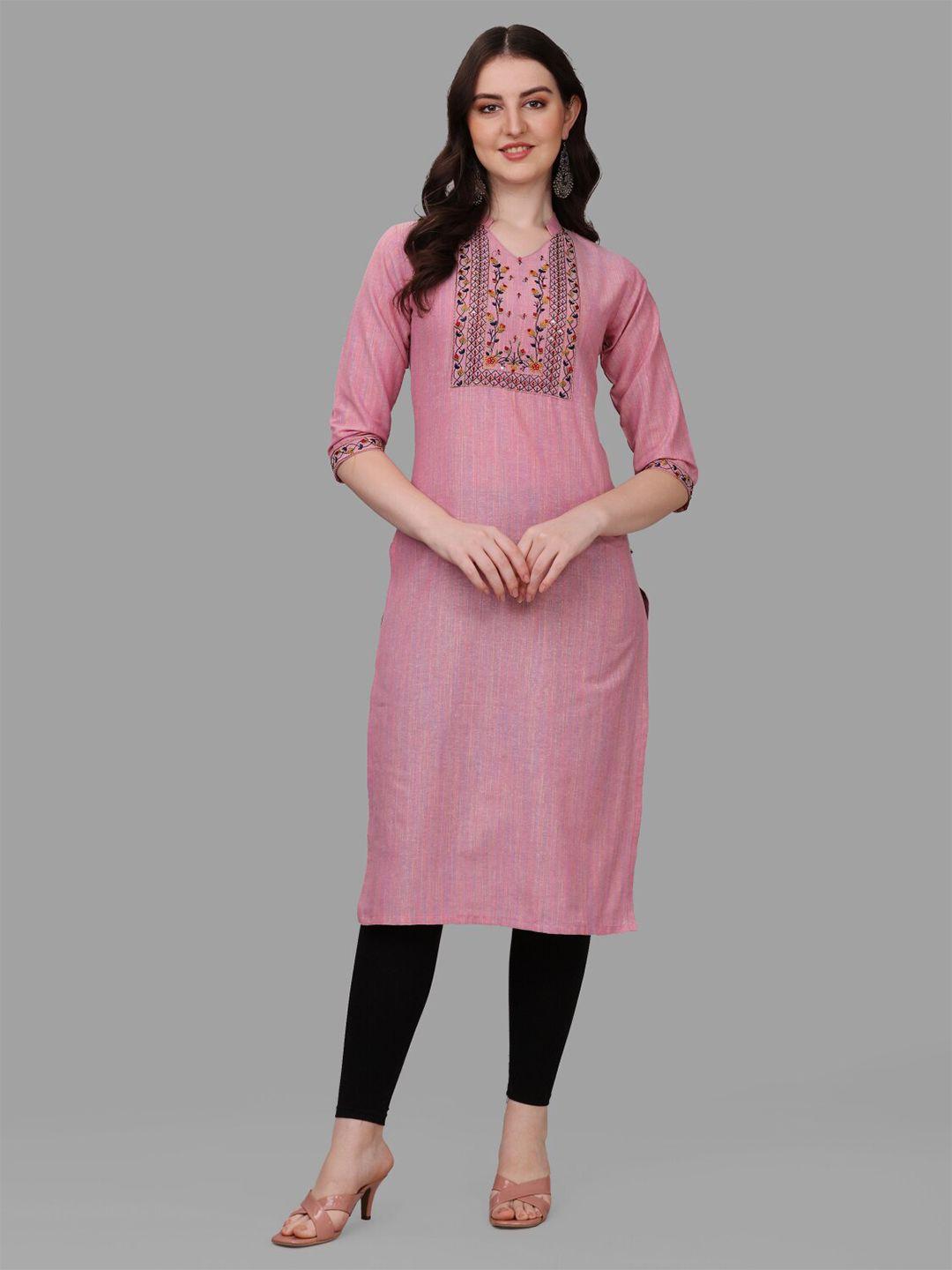 anouk pink & yellow floral sequinned embroidered regular cotton kurta