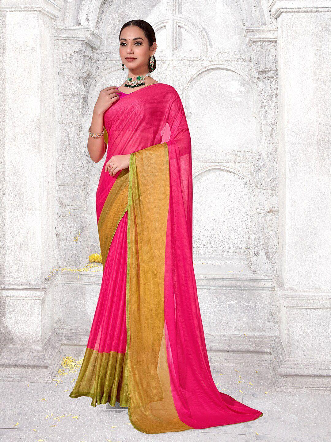 anouk pink & yellow pure chiffon saree