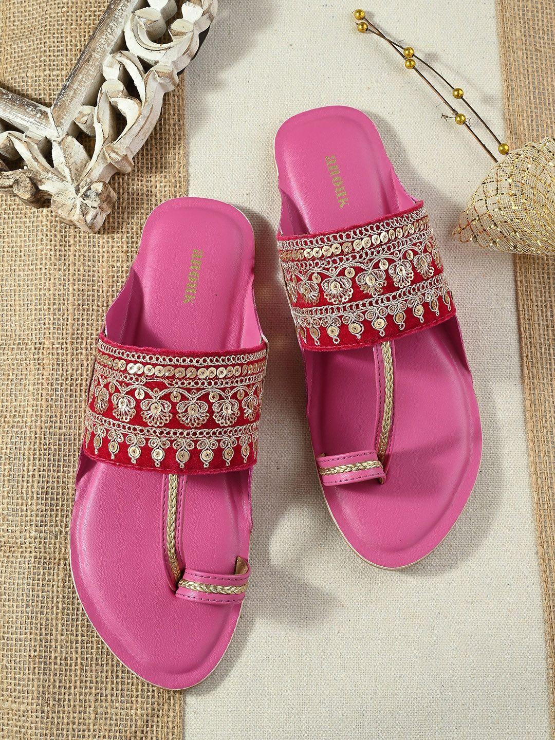 anouk pink and gold-toned embroidered one toe flats