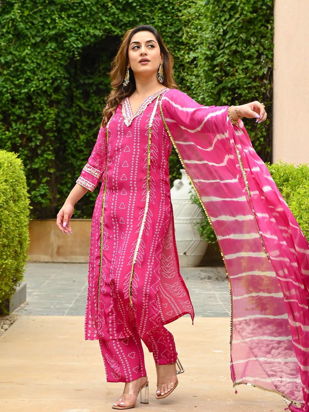 anouk pink bandhani printed v-neck straight kurta with trousers & dupatta