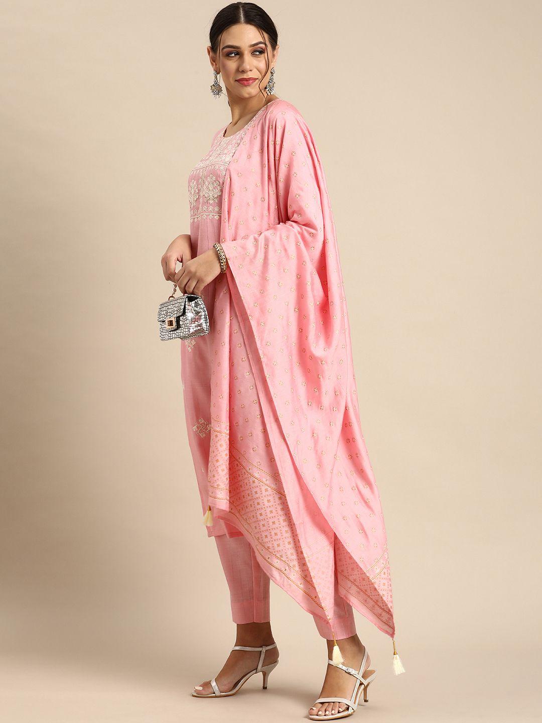 anouk pink ethnic & white motifs embroidered & striped straight kurta trousers dupatta