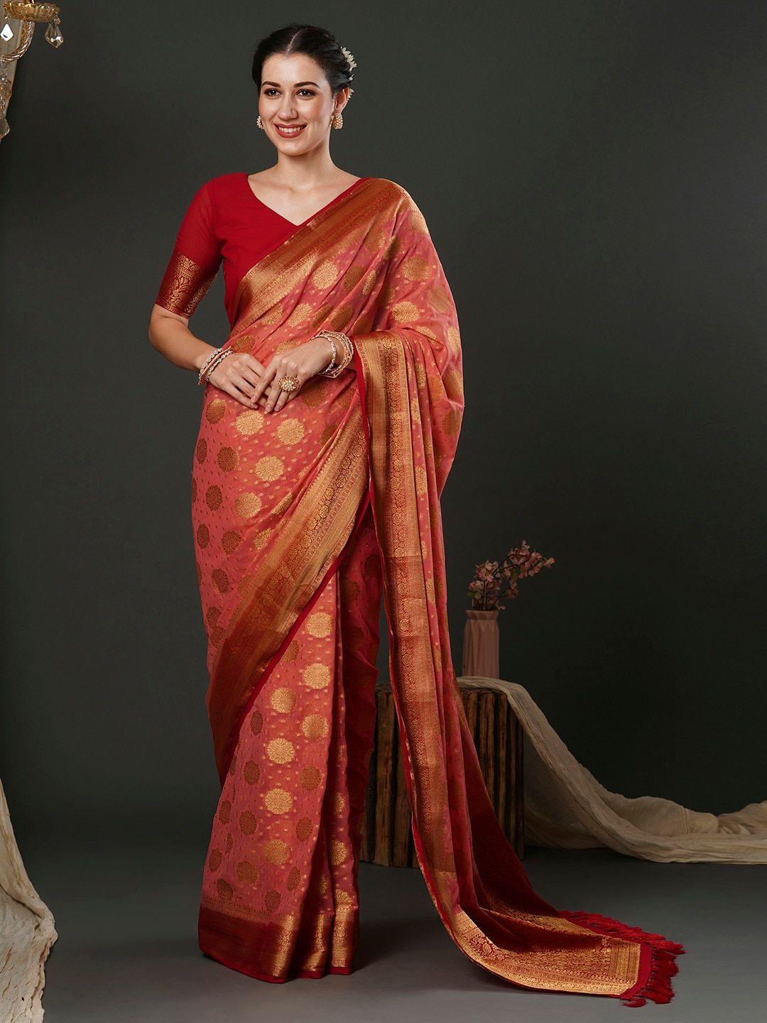 anouk pink ethnic motifs woven design pure georgette designer kanjeevaram saree