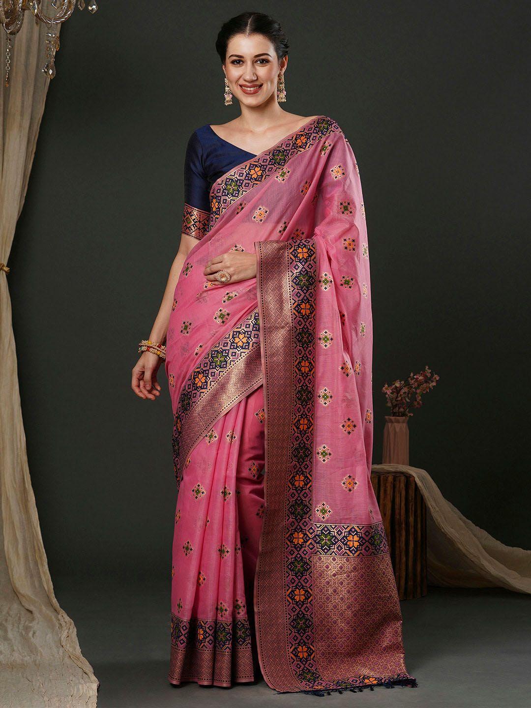 anouk pink ethnic motifs woven design zari detailed silk cotton saree