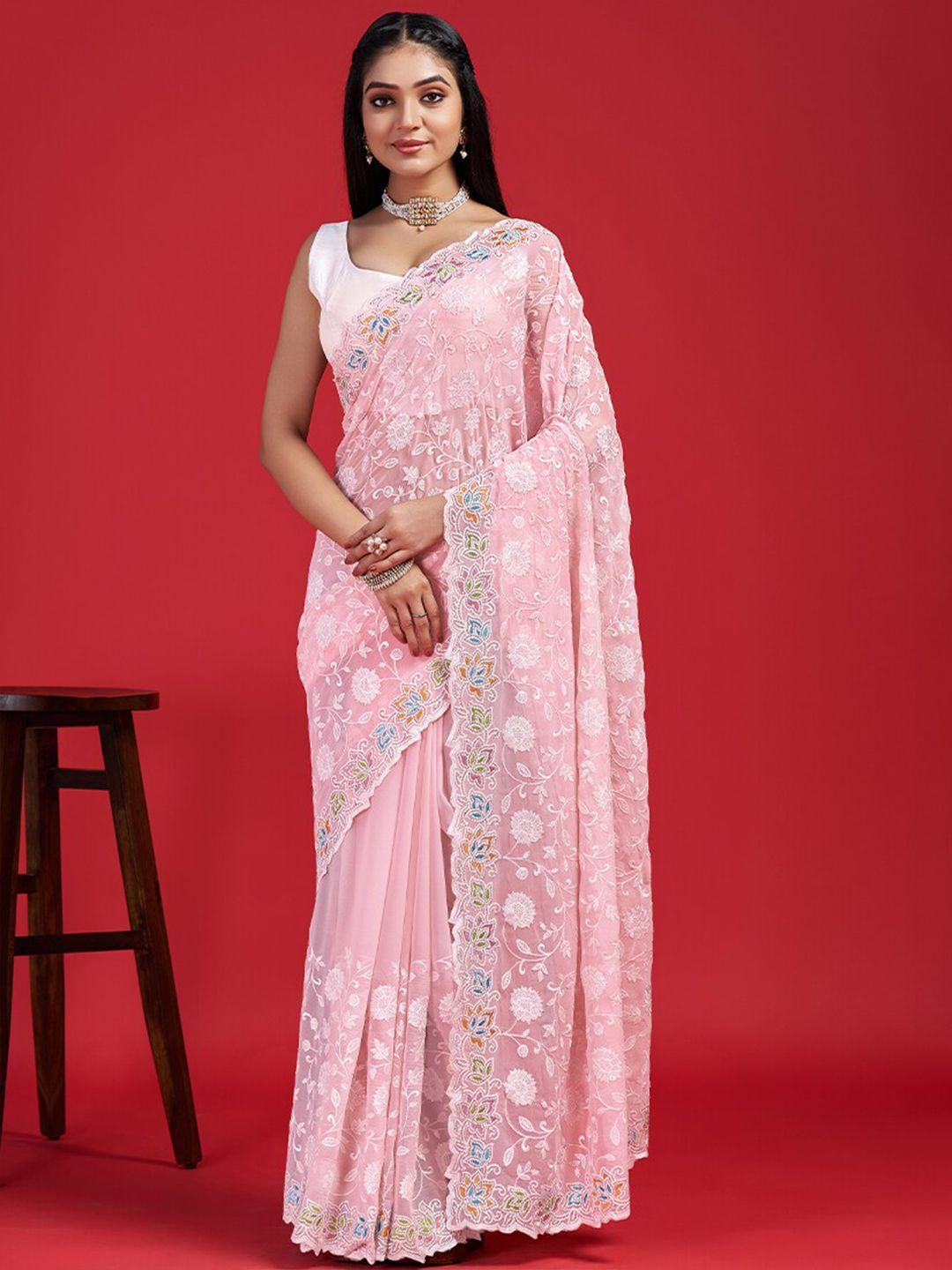 anouk pink floral embroidered beads & stones organza saree