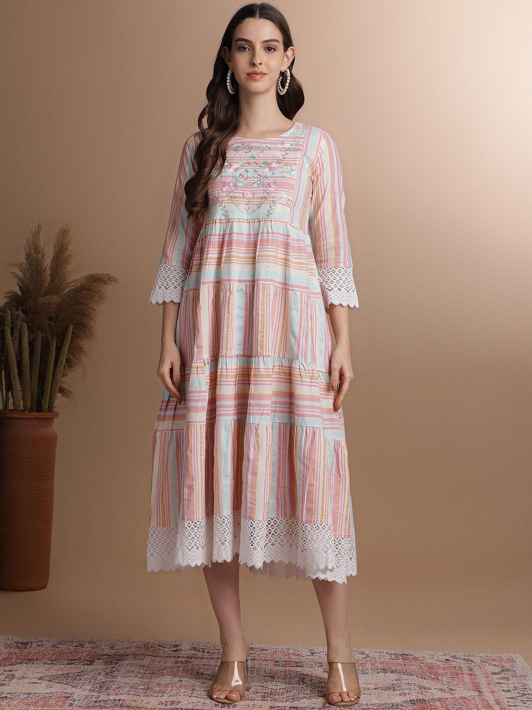 anouk pink floral embroidered tiered pure cotton fit and flare midi ethnic dress