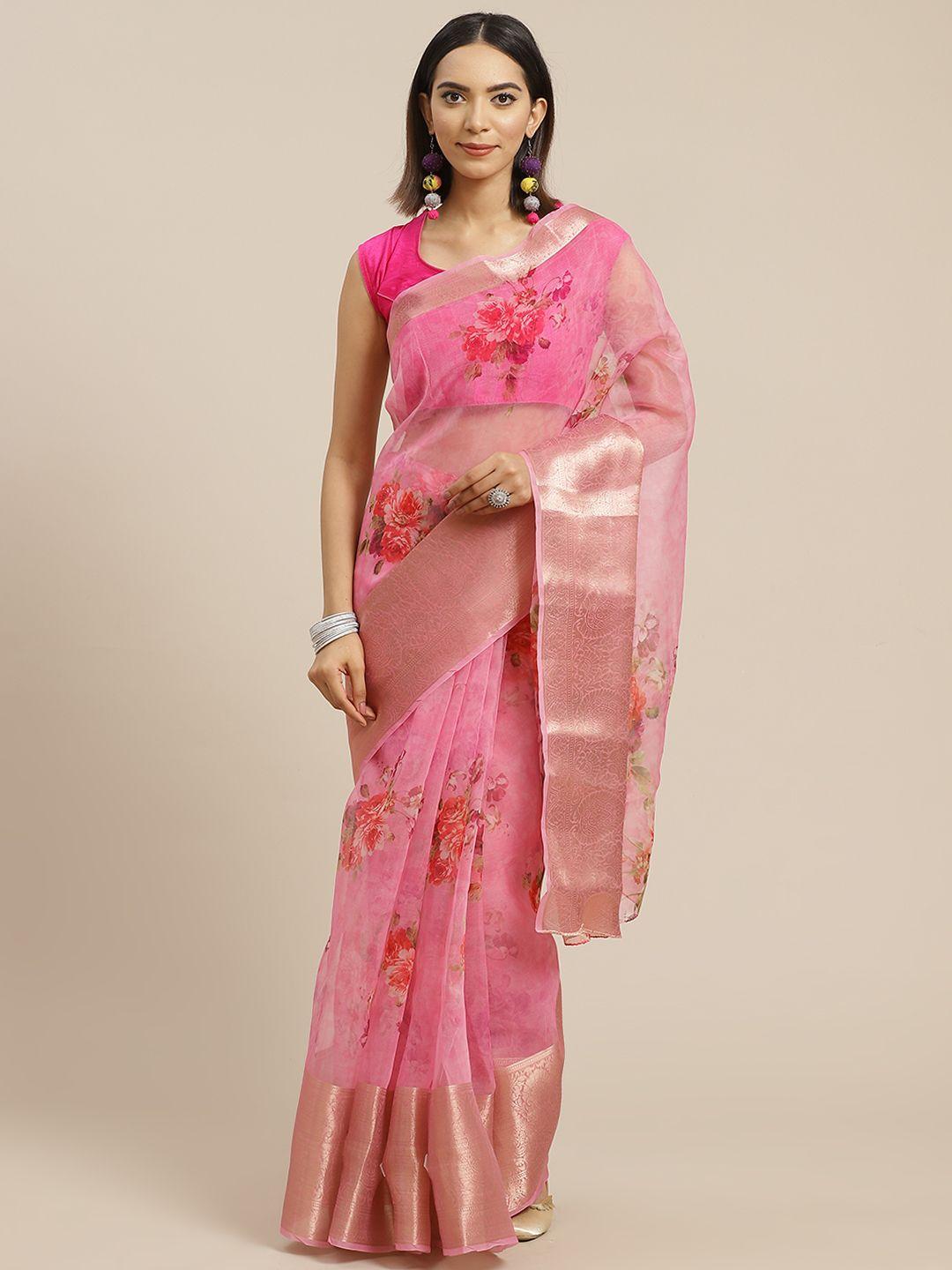 anouk pink floral organza saree