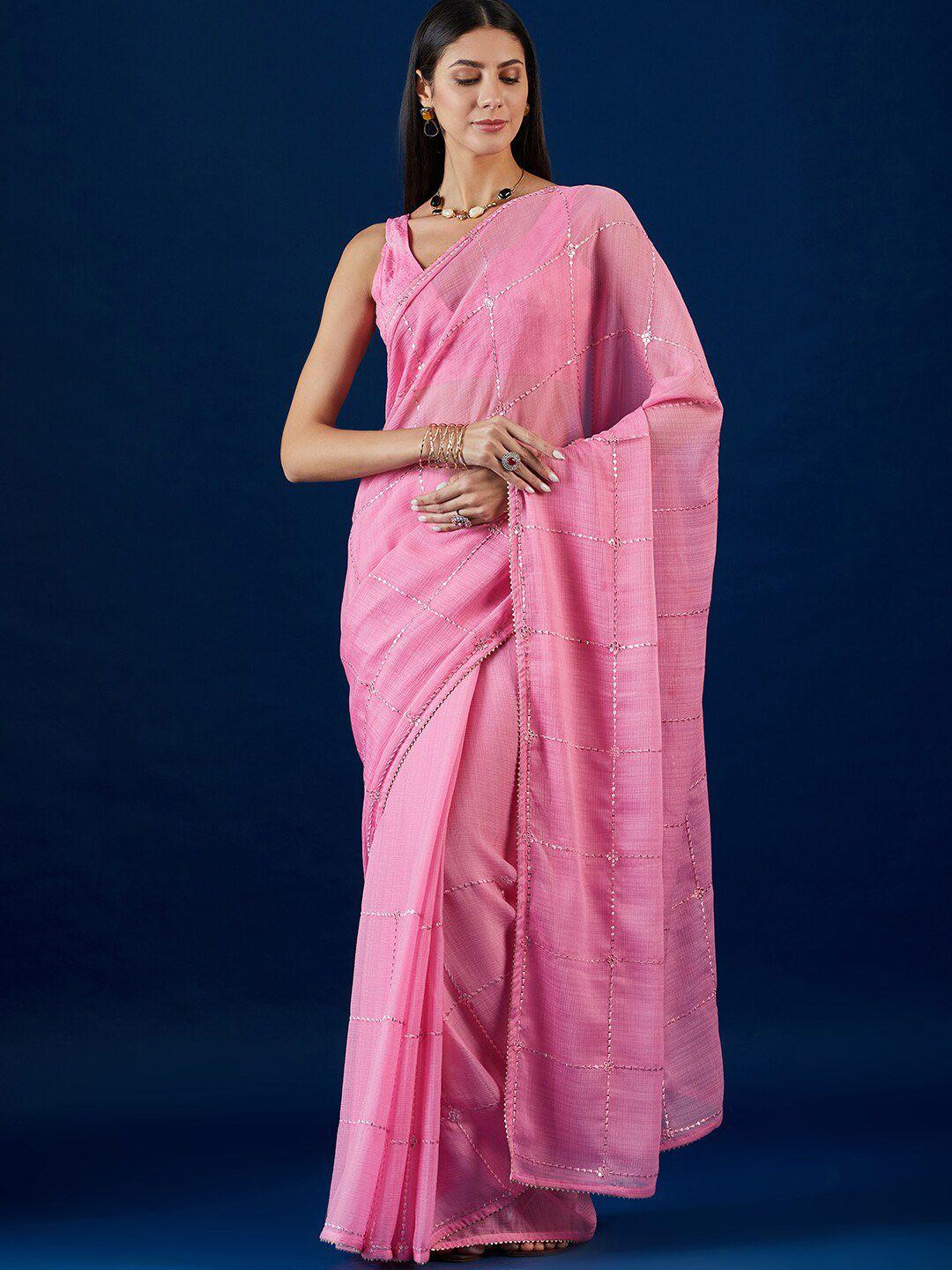 anouk pink geometric embellished sequence pure chiffon saree with gotta patti detail