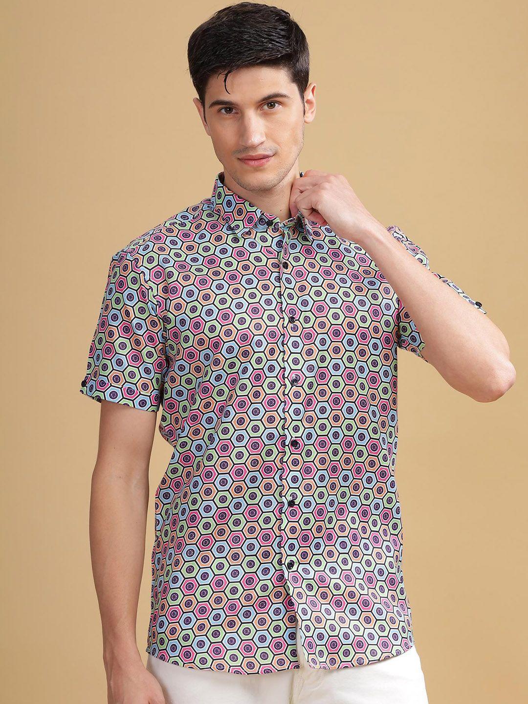 anouk pink geometric printed spread collar cotton casual shirt