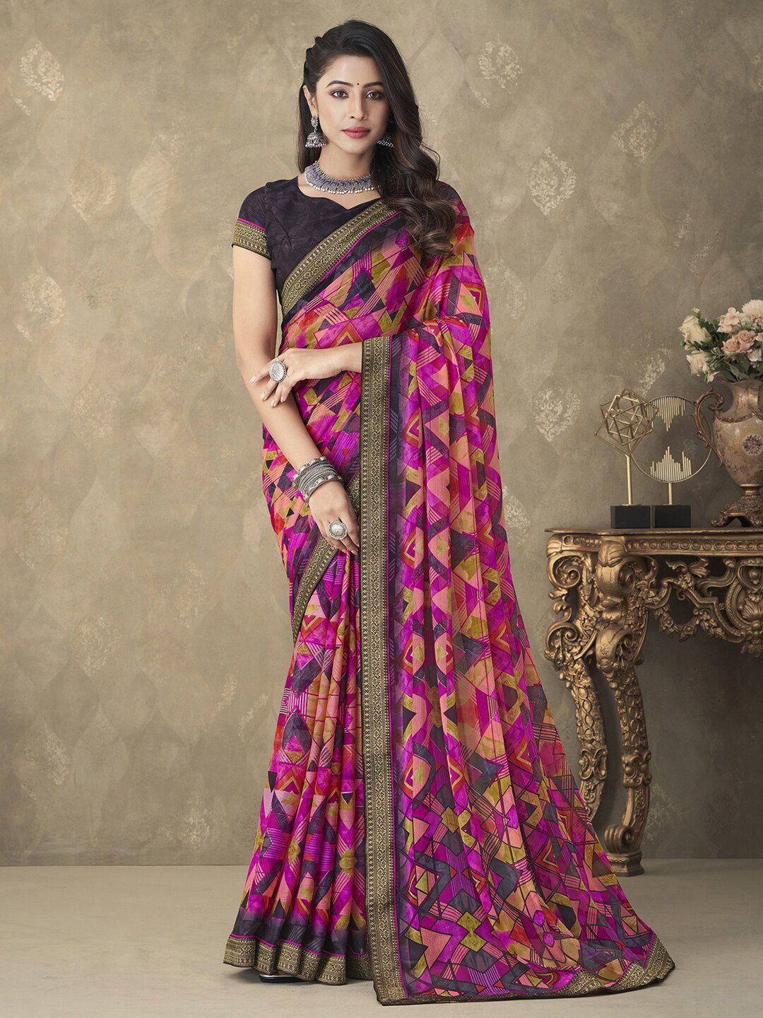 anouk pink geometric printed zari pure chiffon block print saree