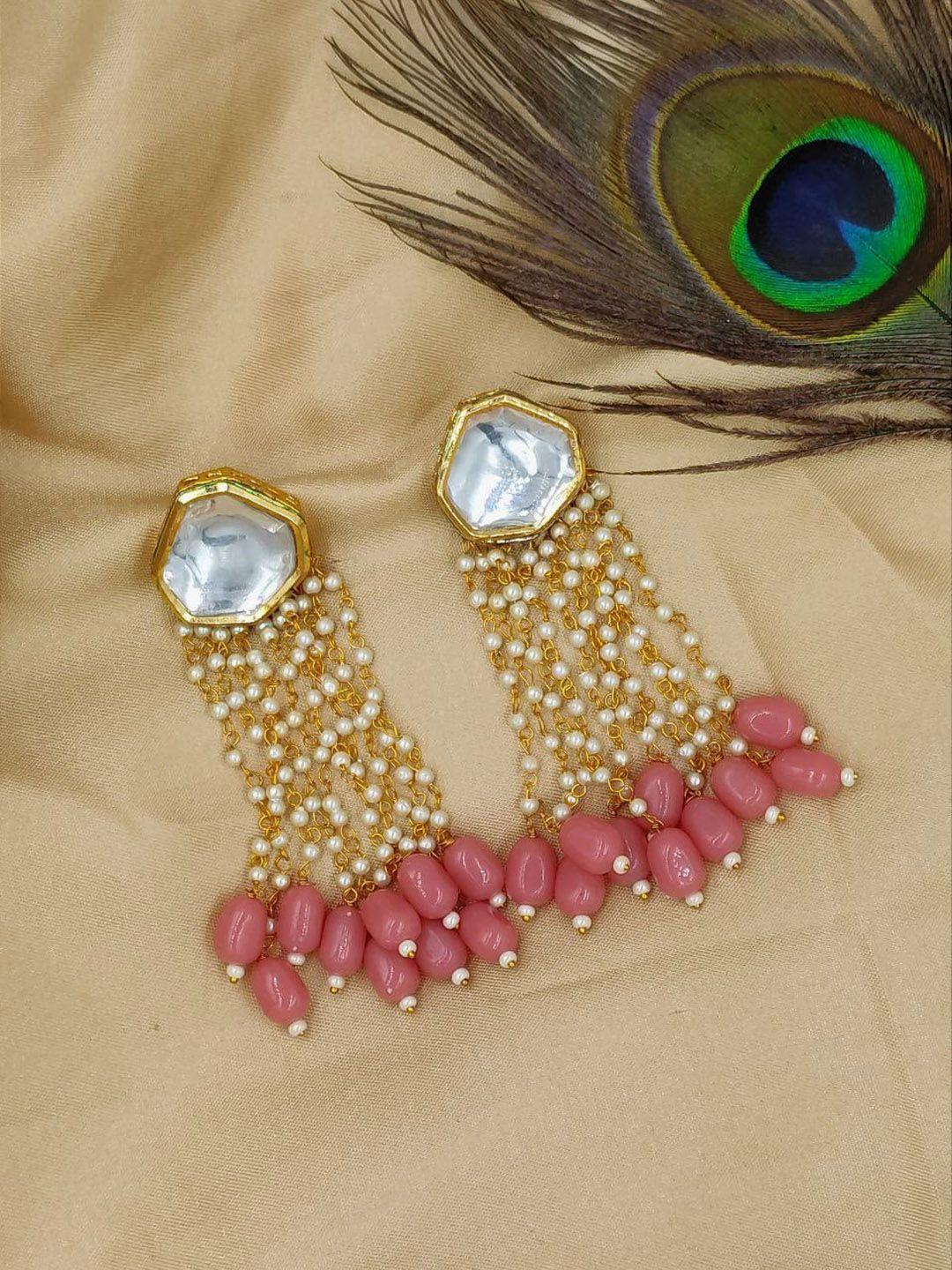 anouk pink gold-plated stone studded drop earrings