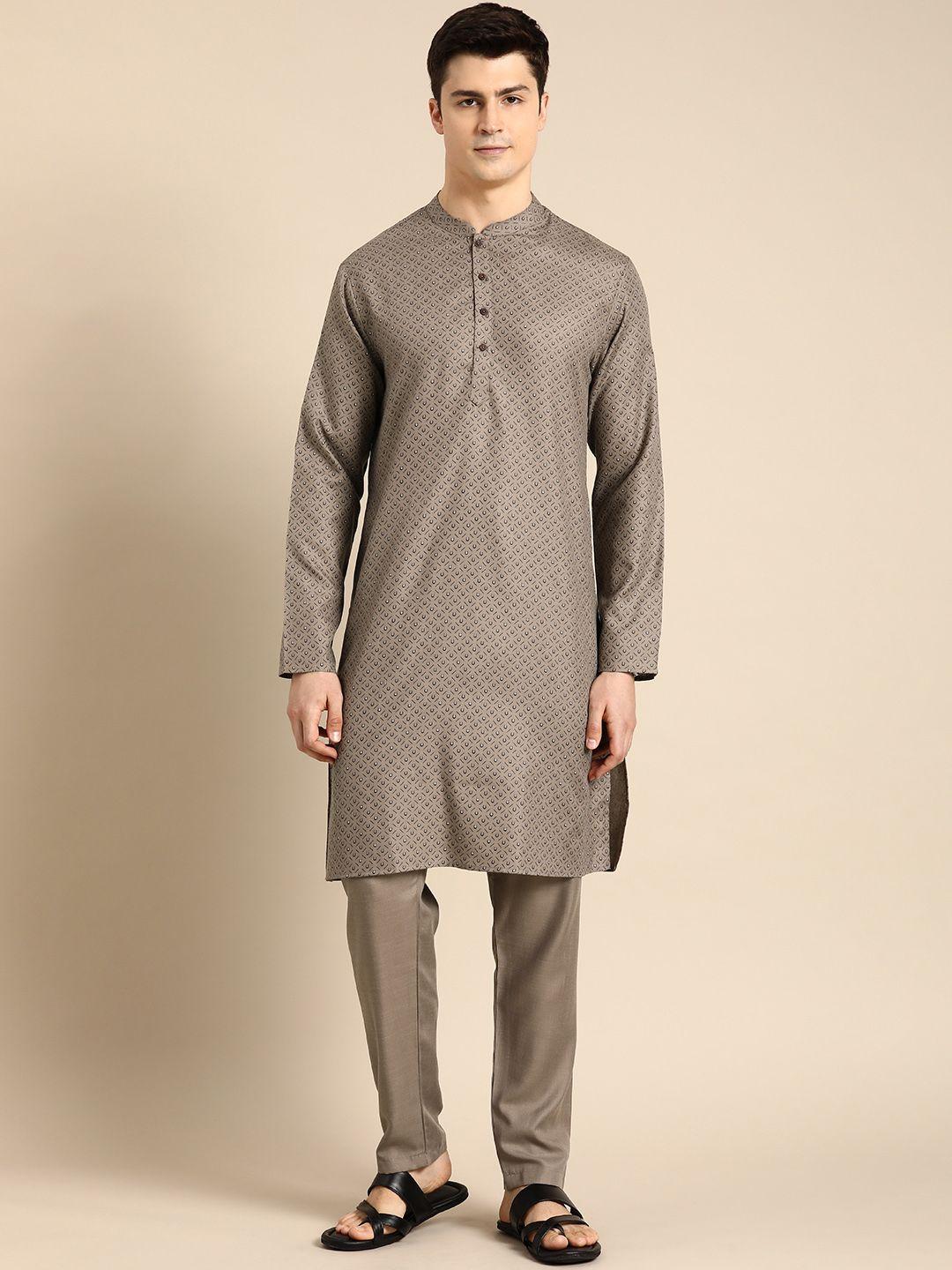 anouk printed band collar kurta with trousers