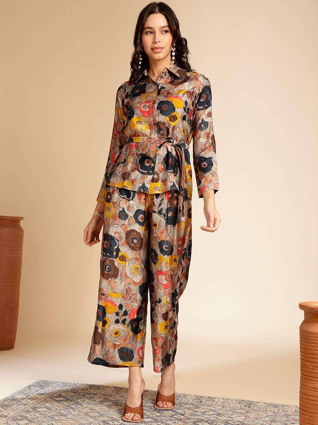 anouk printed collar neck shirt 
 belt with flared palazzos co-ords