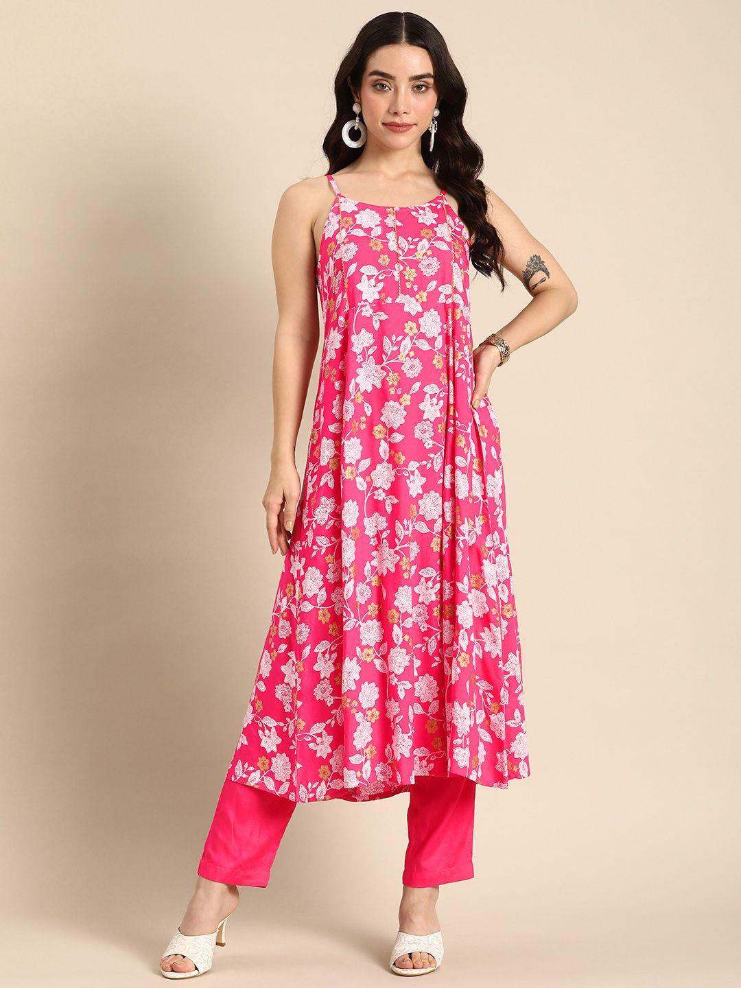 anouk printed shoulder straps a-line kurta with trousers