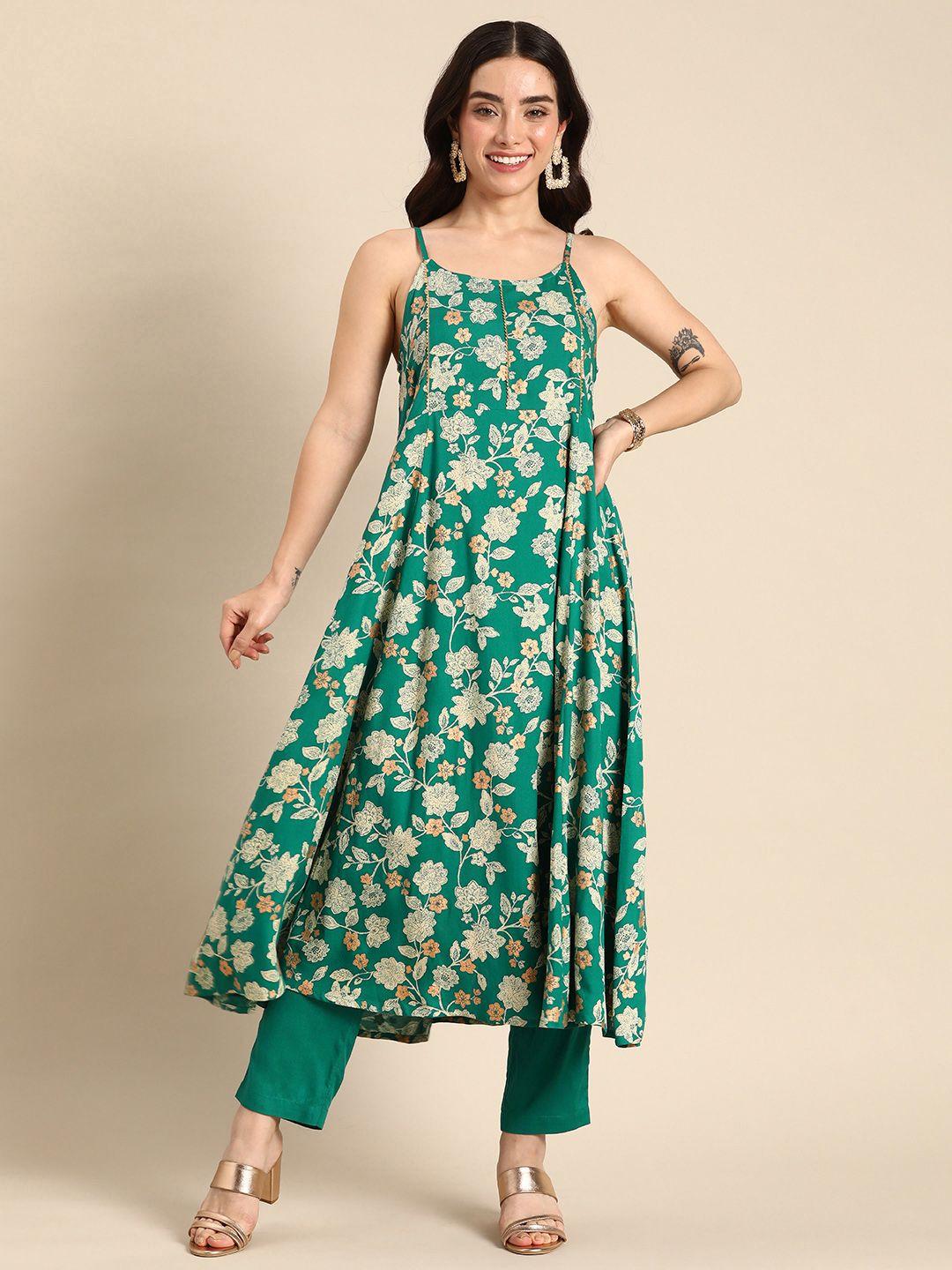 anouk printed shoulder straps a-line kurta with trousers