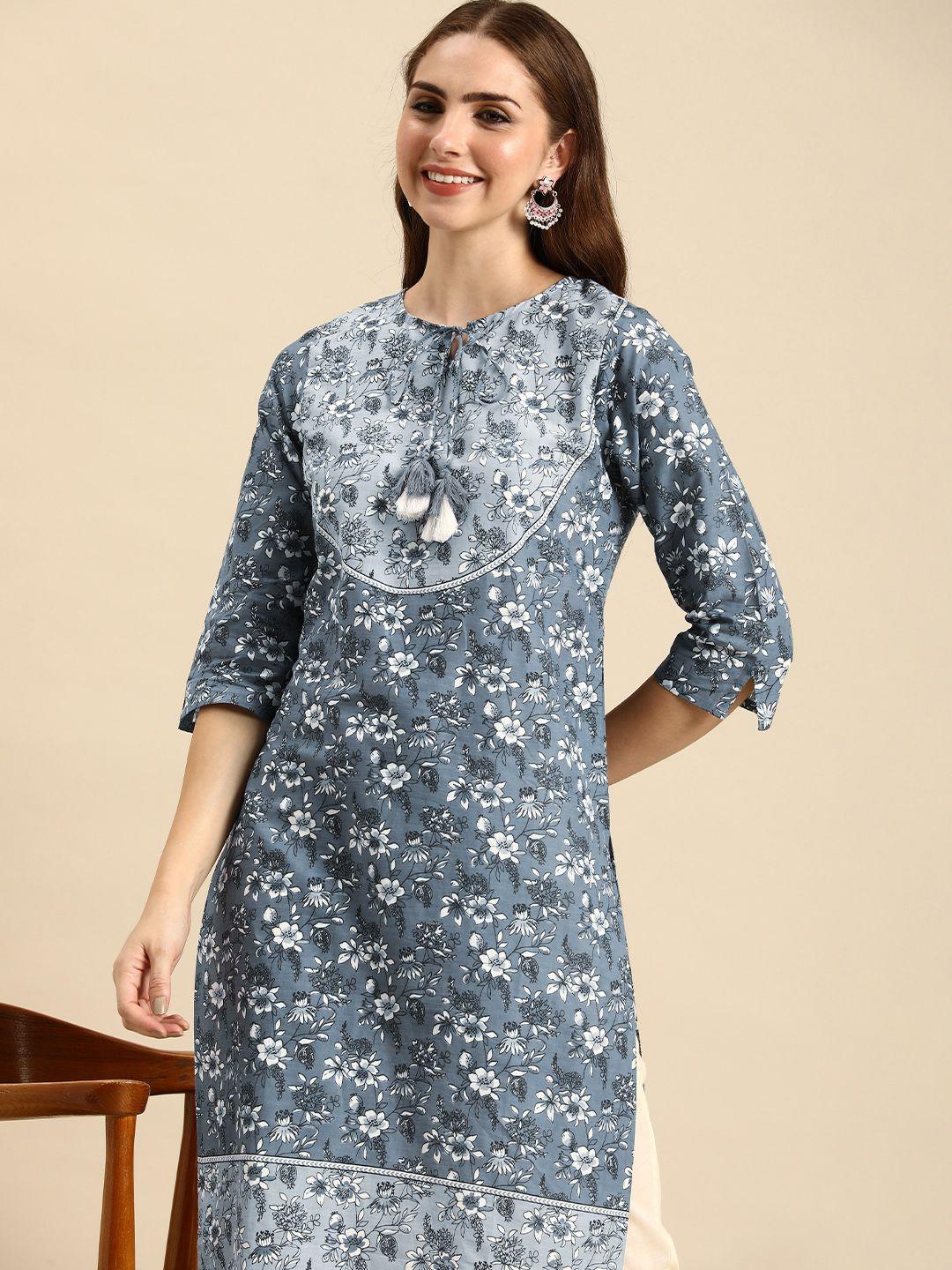 anouk pure cotton floral printed keyhole tie-up neck kurta