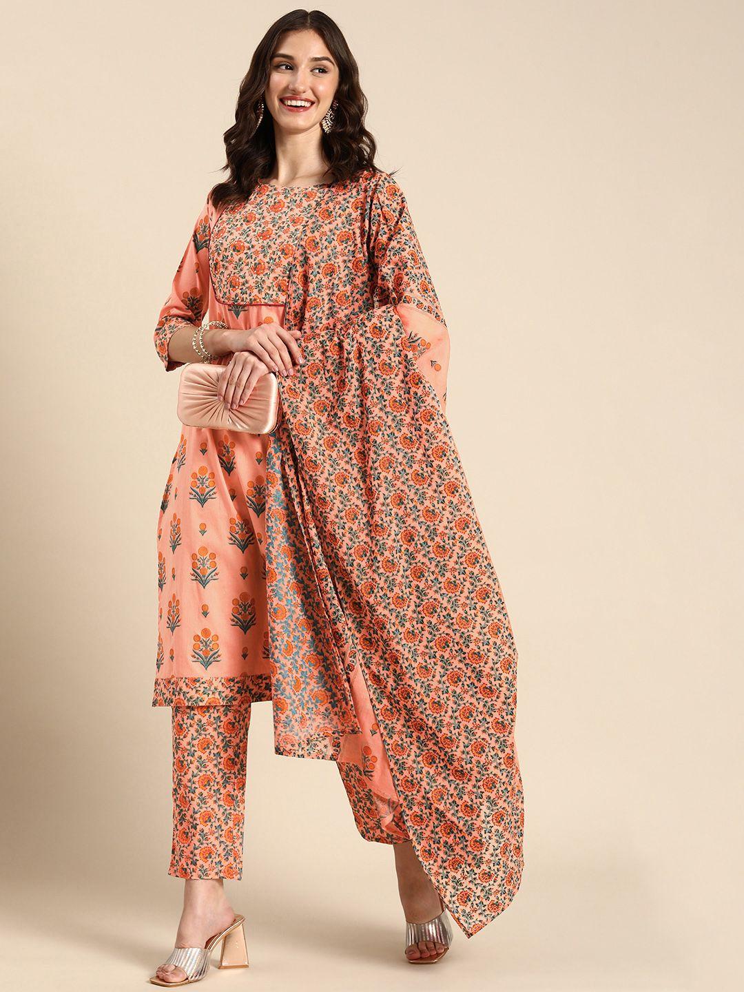 anouk pure cotton floral printed sequinned kurta with trousers & dupatta
