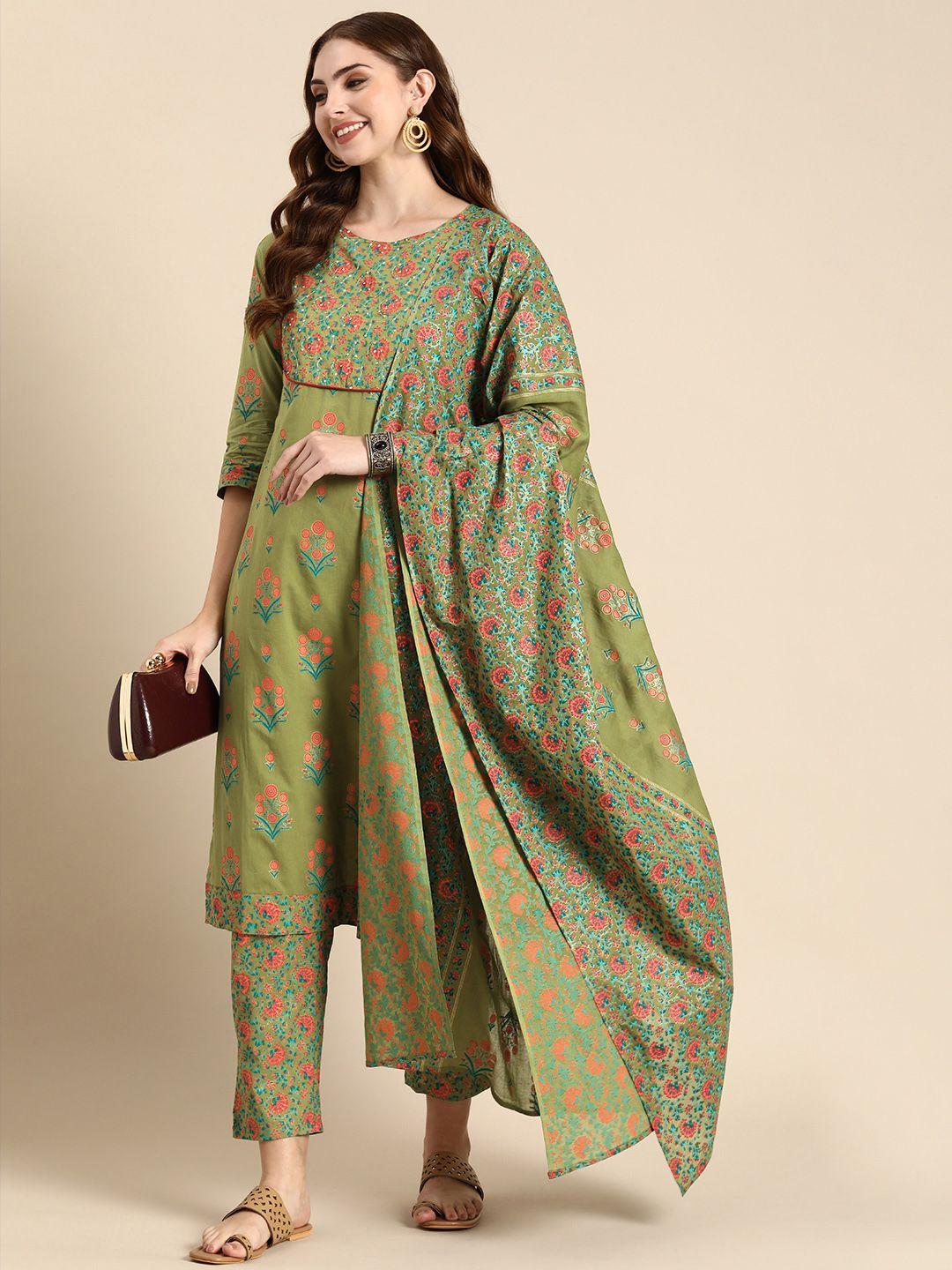 anouk pure cotton floral printed sequinned kurta with trousers & dupatta