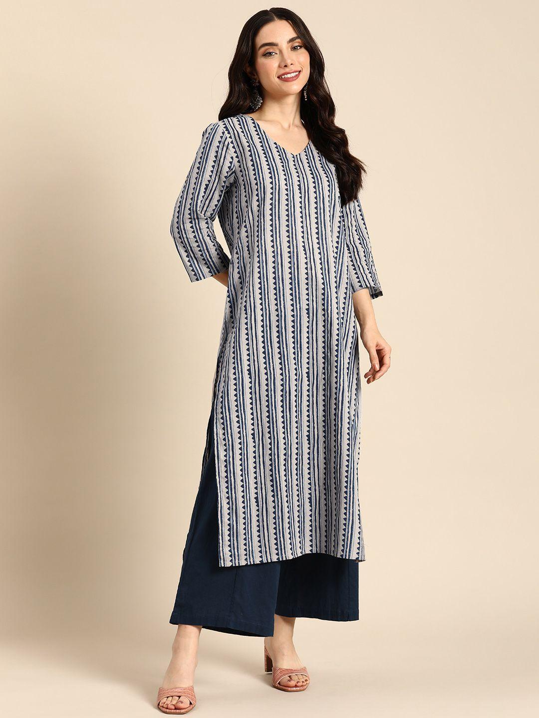 anouk pure cotton regular straight v-neck geometric printed kurta