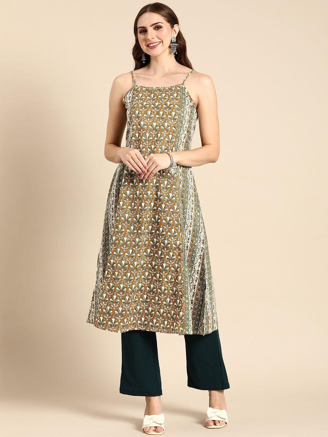 anouk pure cotton shoulder straps ethnic motifs printed a-line calf length flared kurta