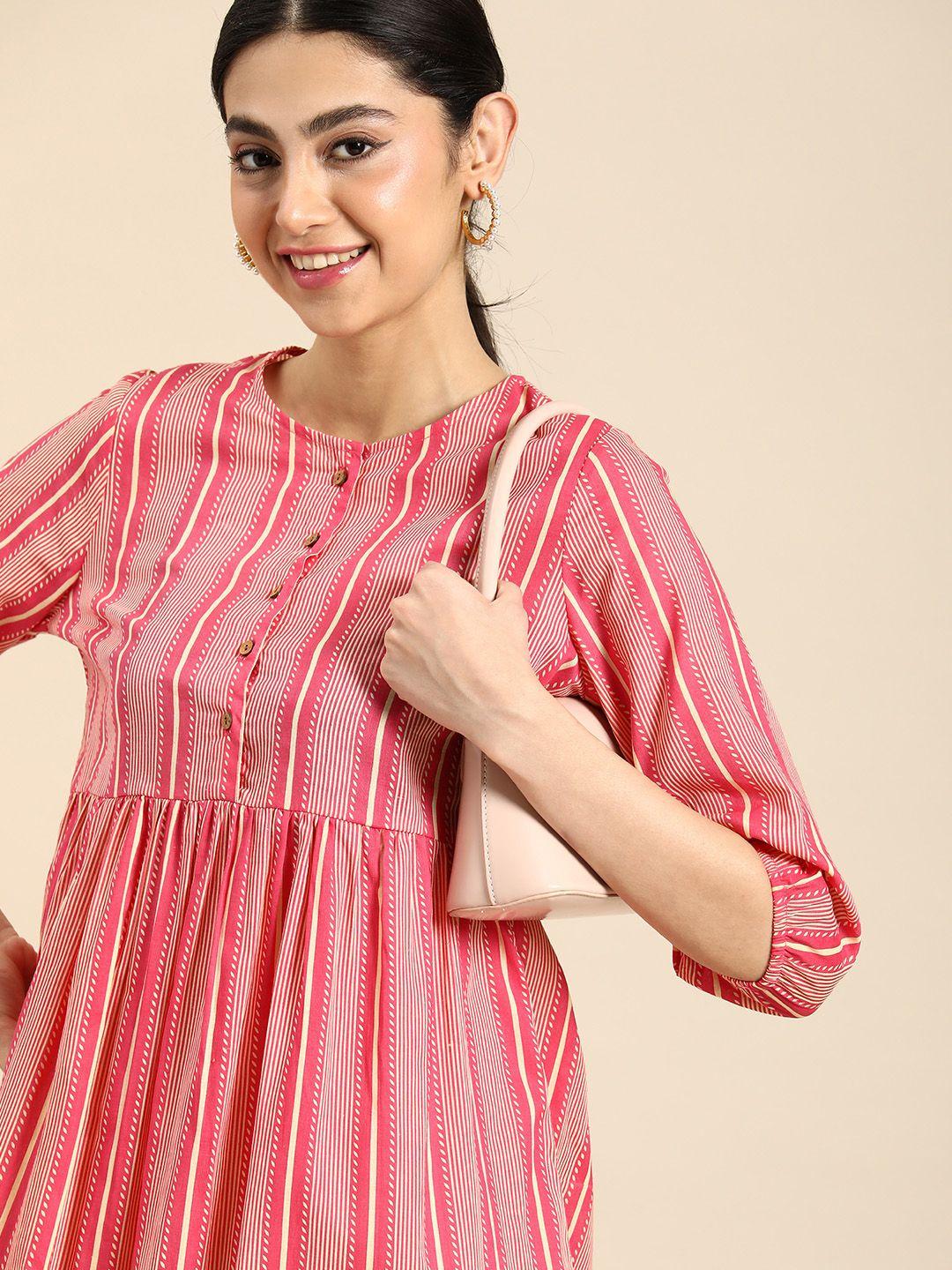 anouk pure cotton striped a-line dress with gathered detail