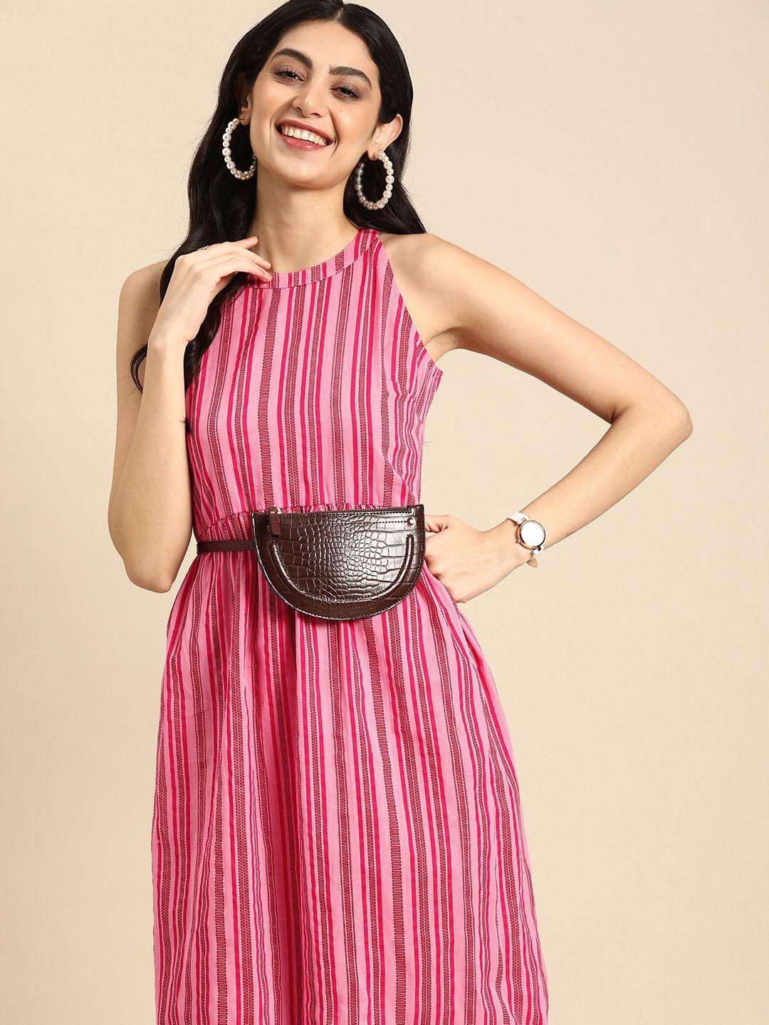 anouk pure cotton striped fit & flare dress