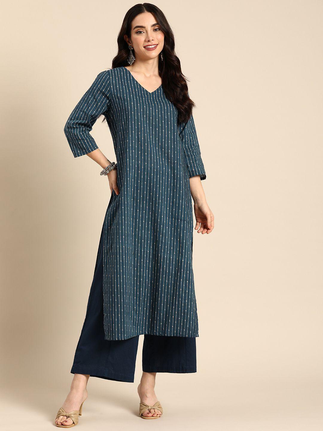 anouk pure cotton v-neck calf length striped kurta