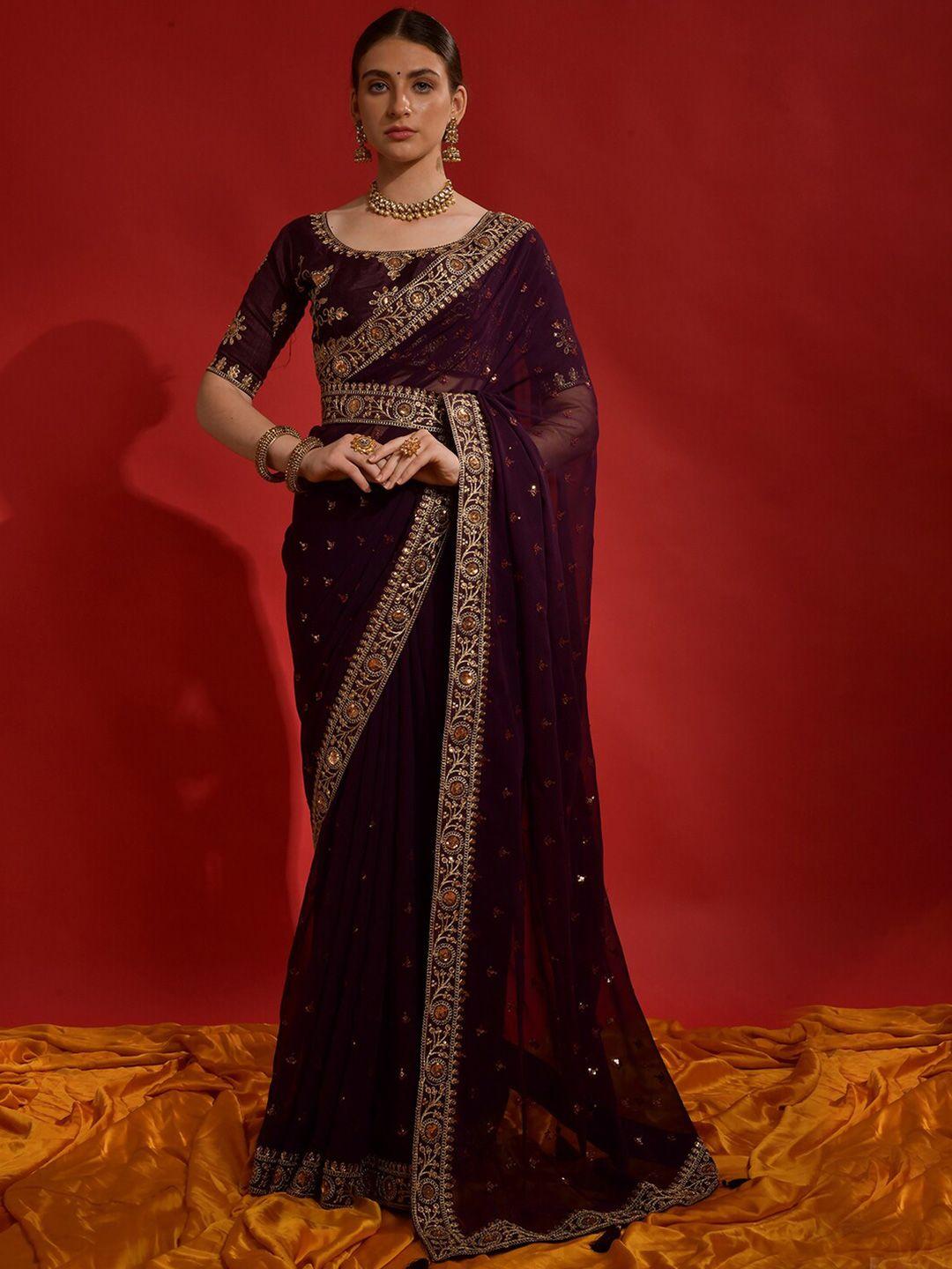 anouk purple & gold-toned embellished embroidered pure georgette saree
