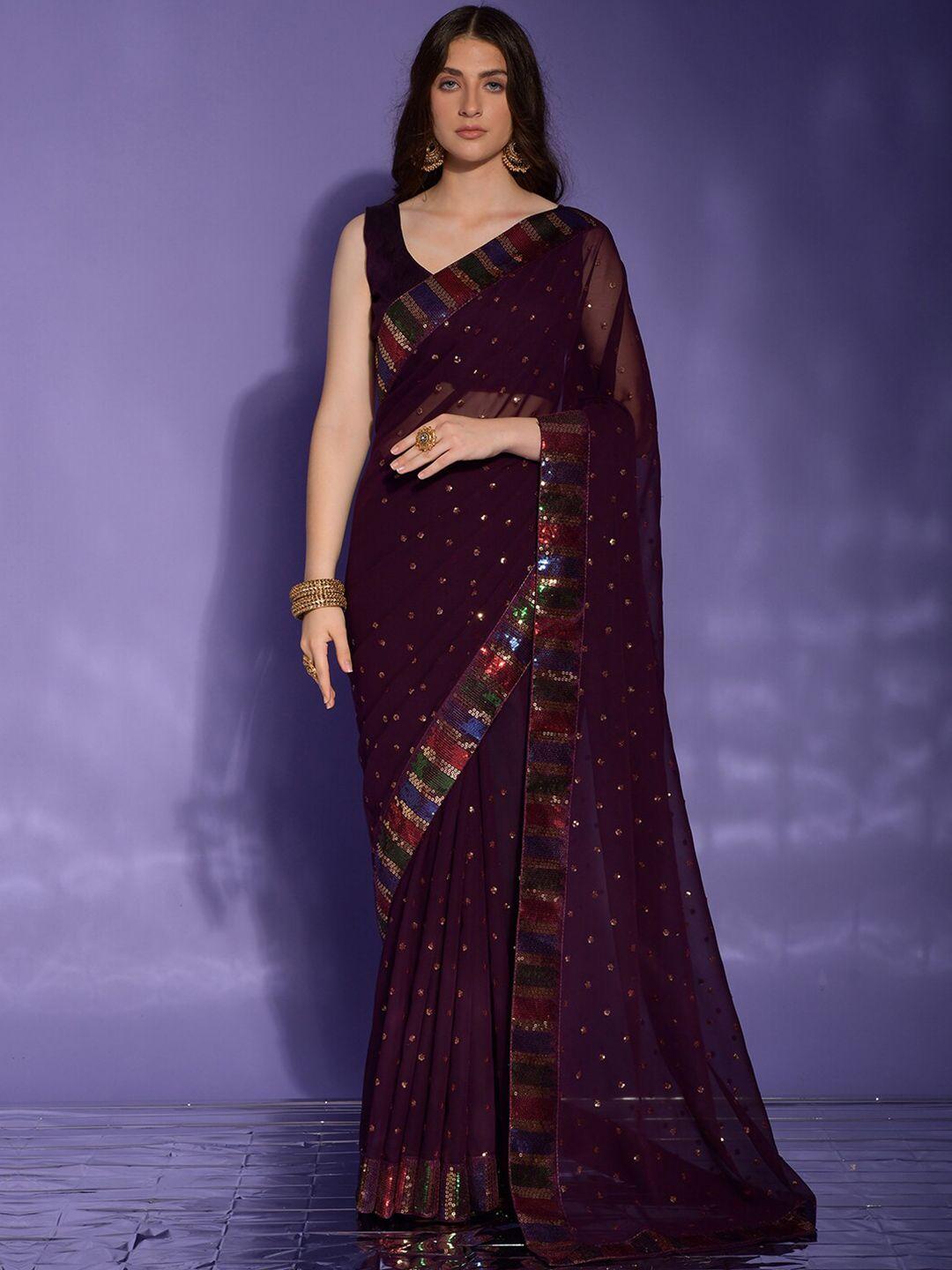 anouk purple & gold-toned embellished sequinned pure georgette saree