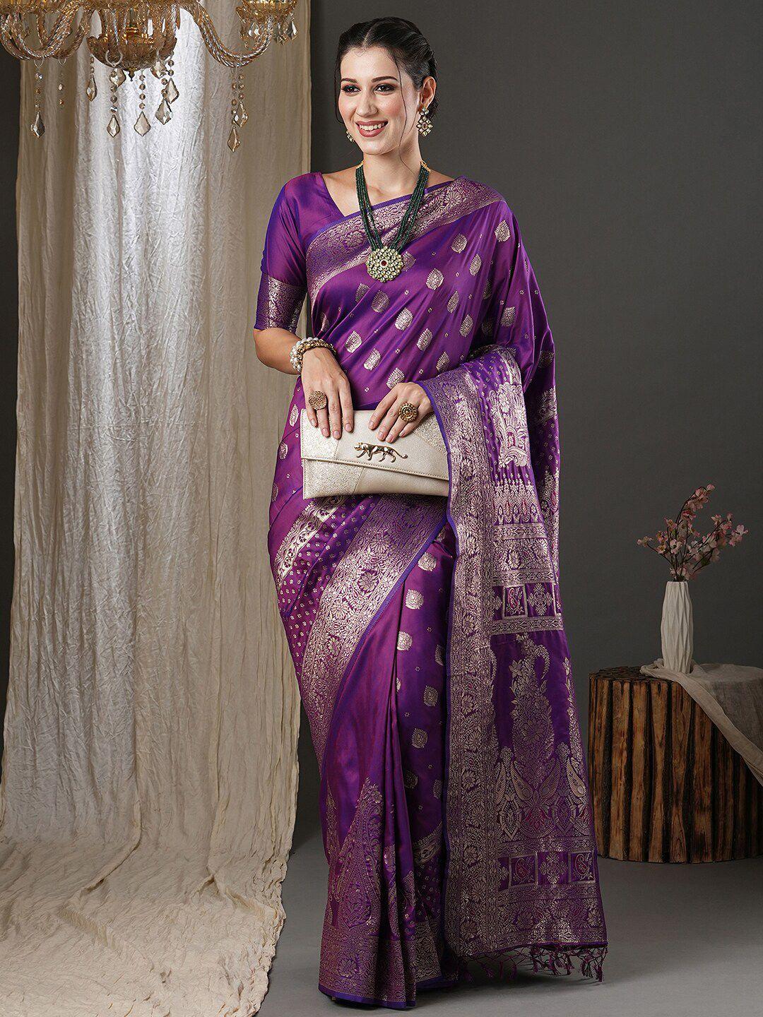 anouk purple & gold-toned ethnic motifs woven design zari banarasi saree