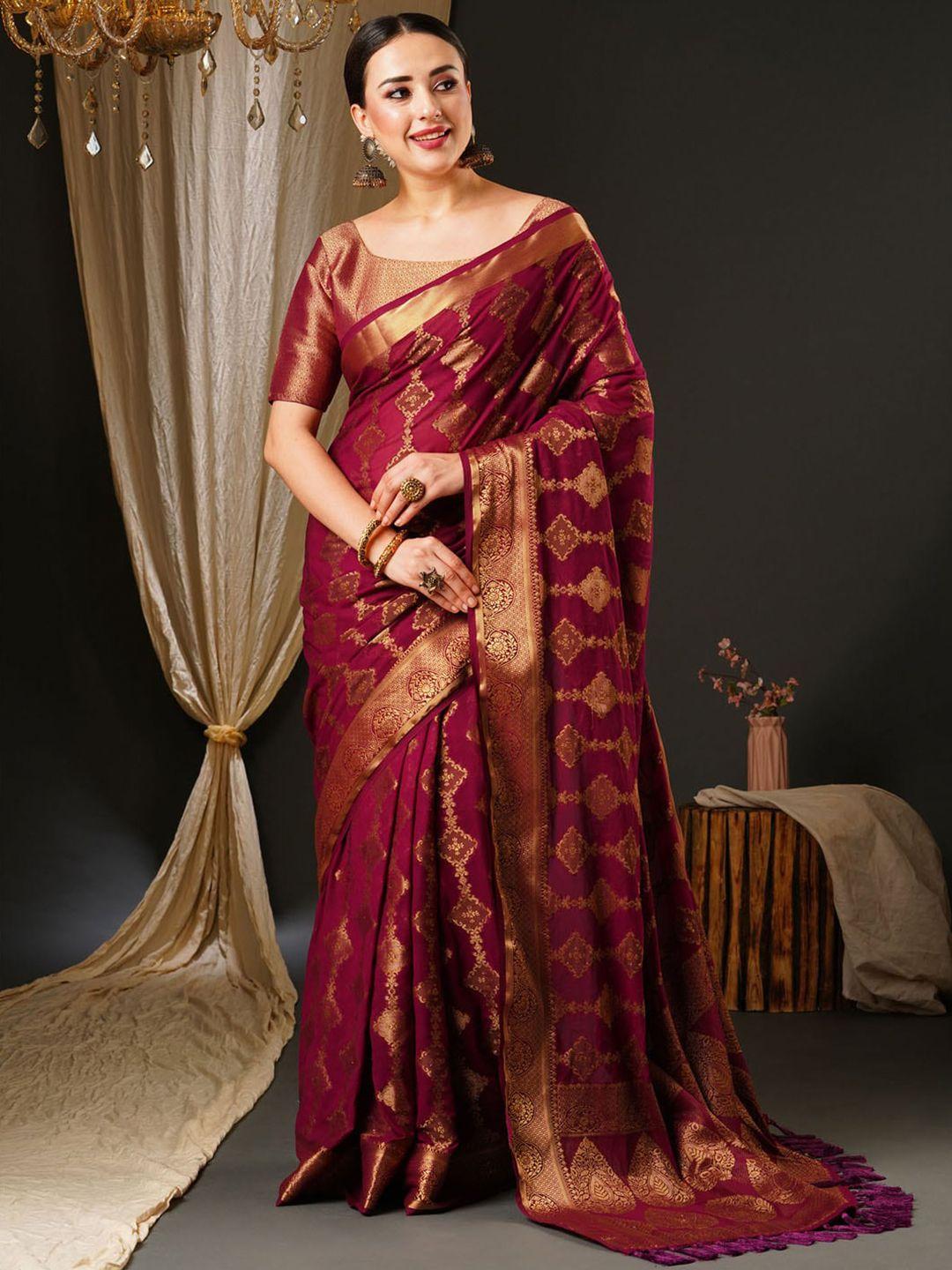 anouk purple & gold-toned ethnic motifs woven design zari pure georgette kanjeevaram saree