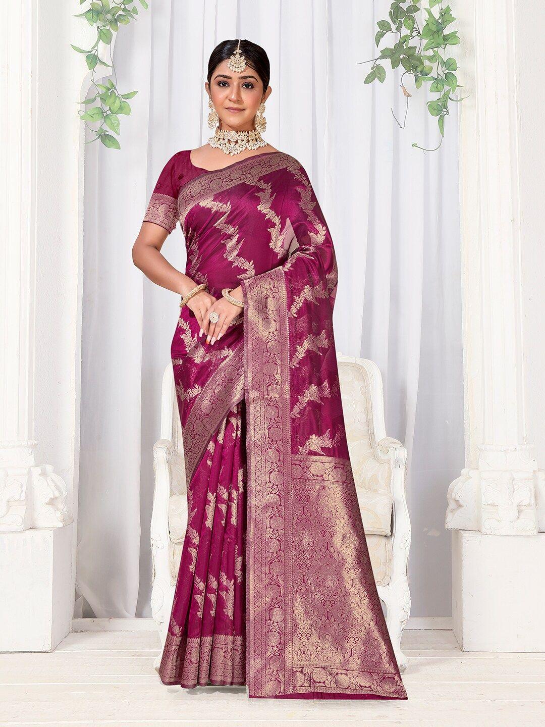 anouk purple & gold-toned floral woven design zari organza saree