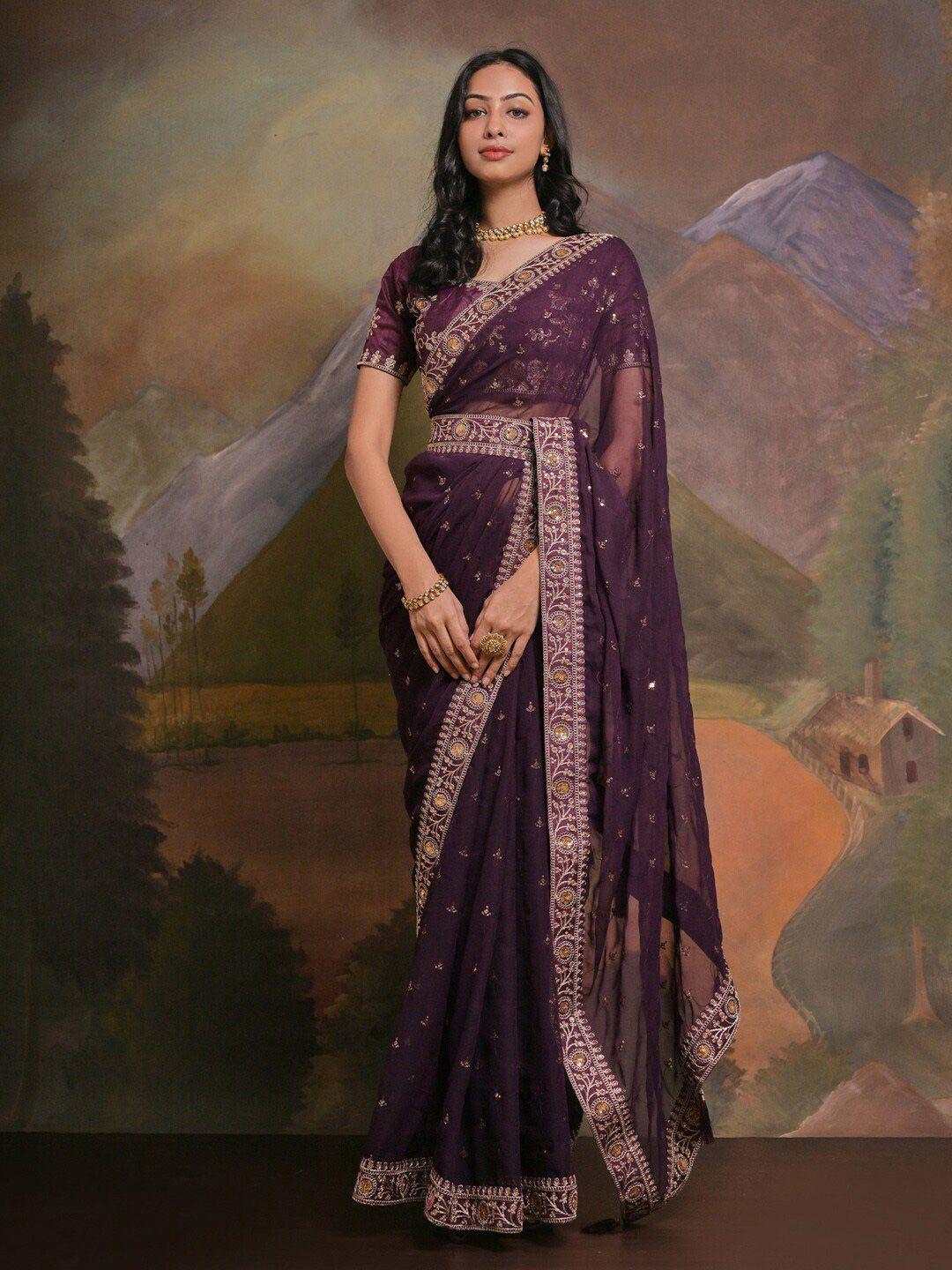 anouk purple & gold toned woven design embellished sequinned pure georgette saree