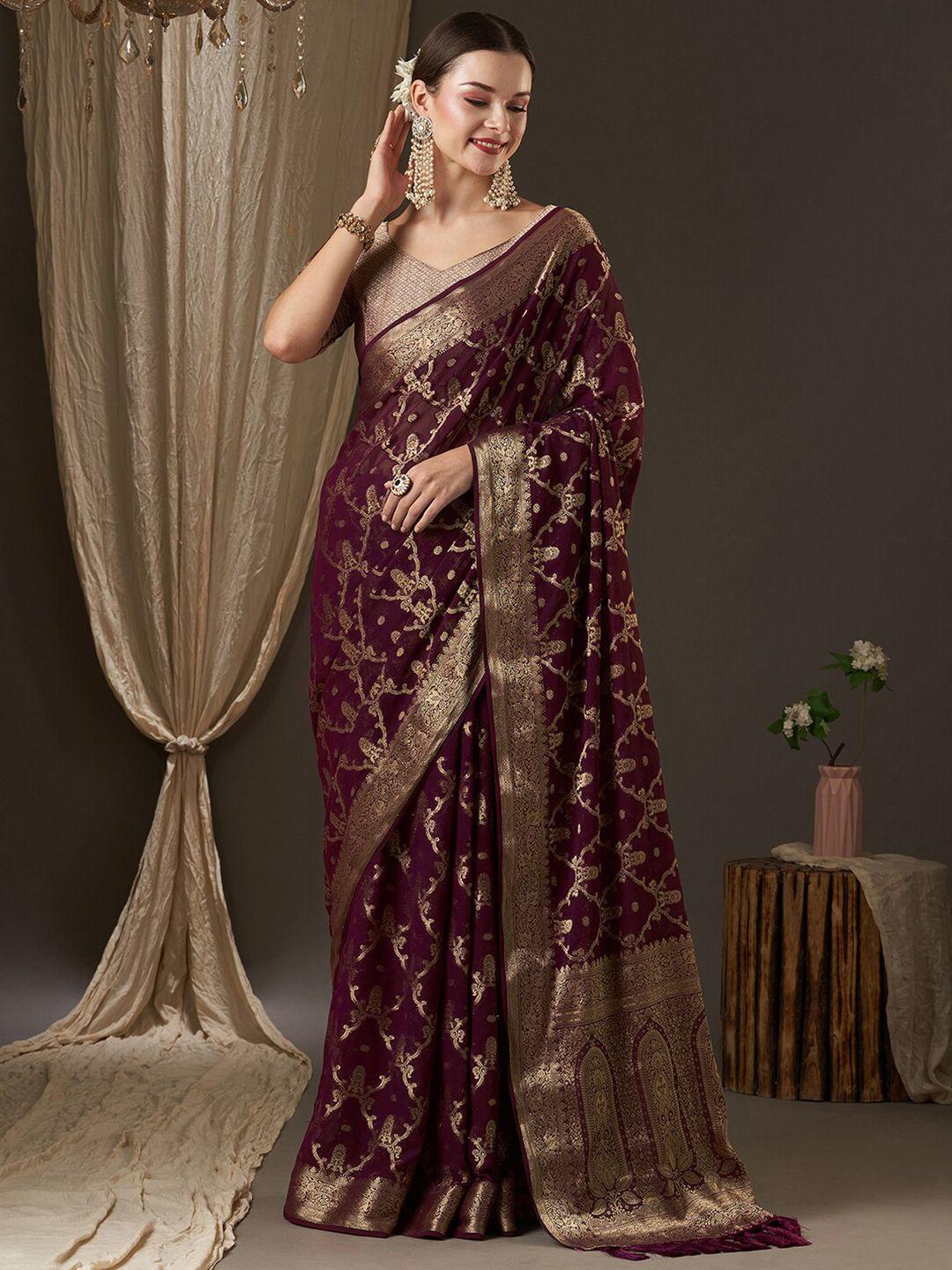 anouk purple & gold-toned woven design zari pure georgette kanjeevaram saree