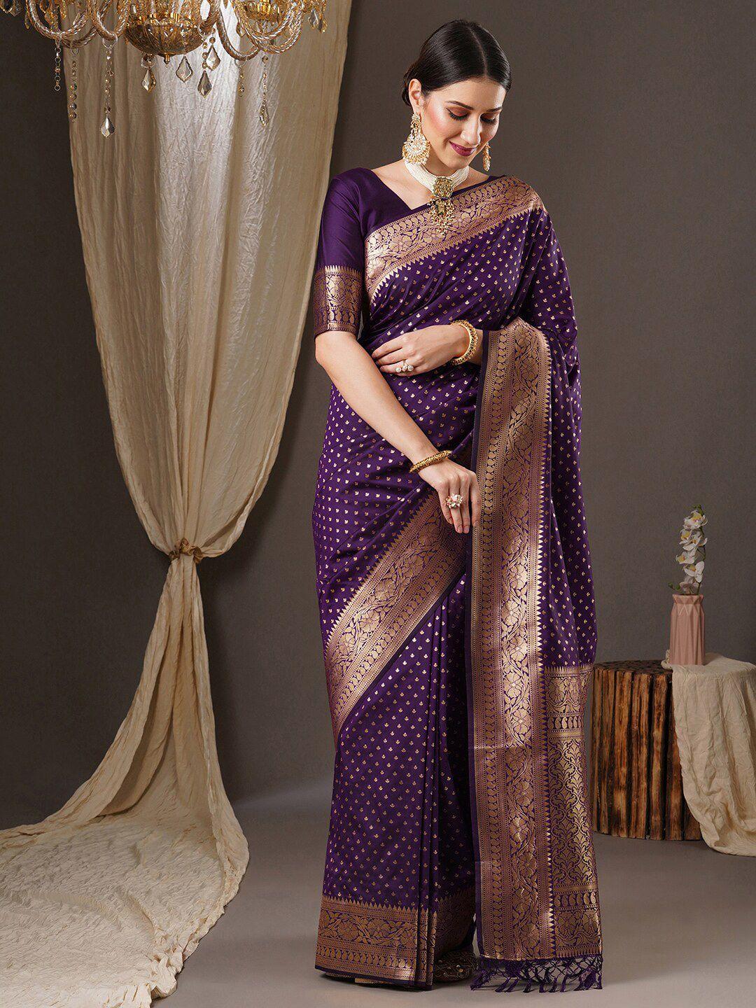 anouk purple & gold-toned woven design zari silk blend banarasi saree