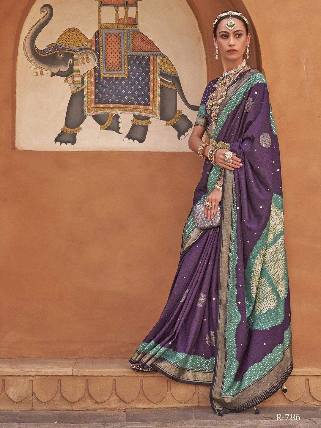 anouk purple & green geometric woven design zari saree