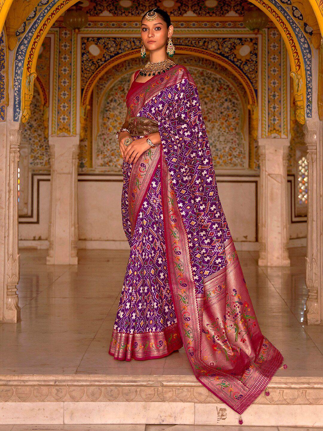 anouk purple & magenta ethnic motifs zari silk blend patola saree
