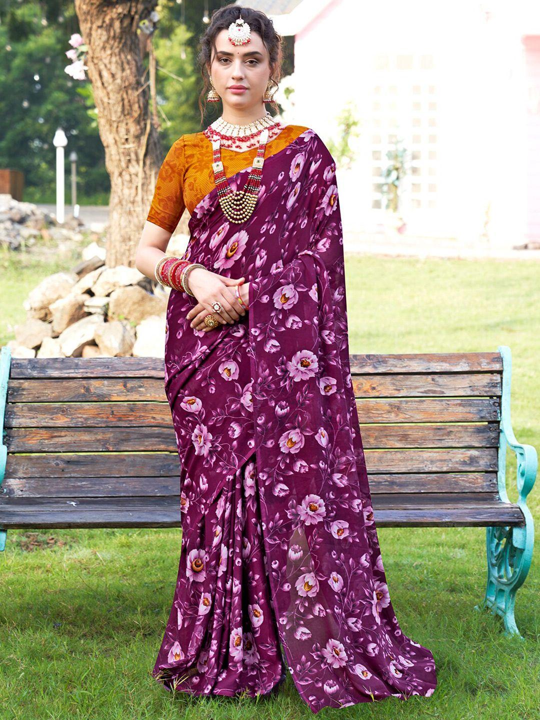 anouk purple & white floral printed saree