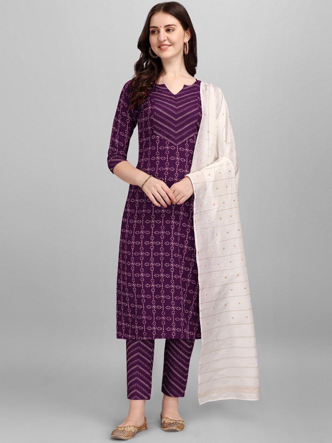 anouk purple bandhani printed pure cotton straight kurta & trouser with dupatta