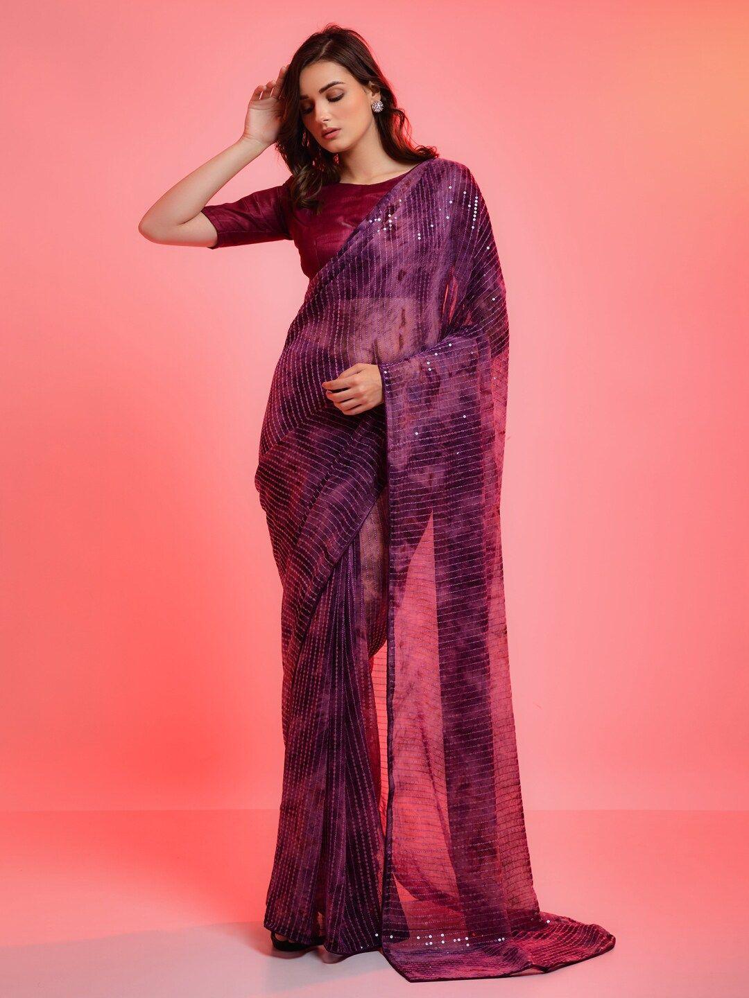 anouk purple embellished sequinned pure georgette saree