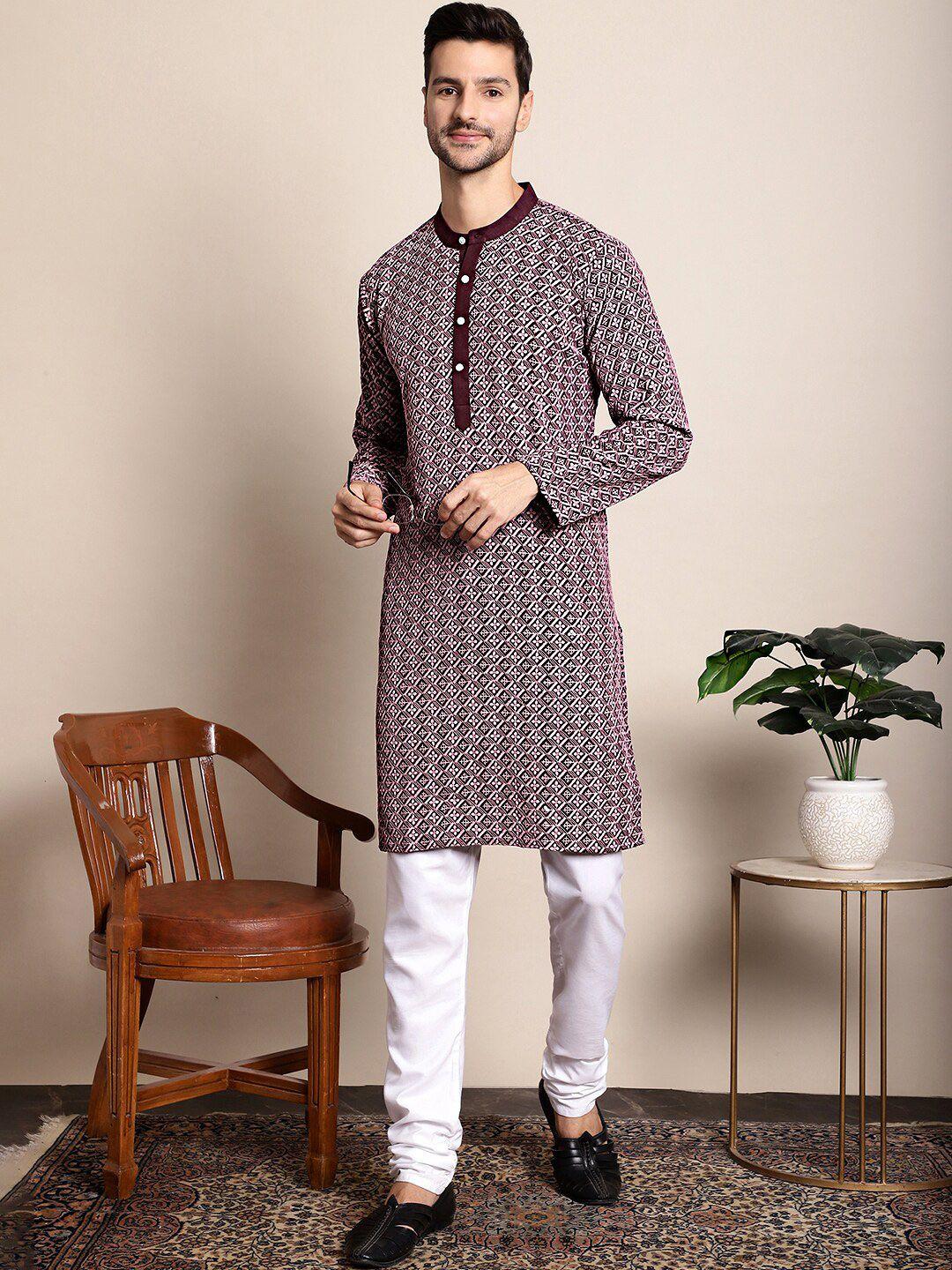 anouk purple ethnic motifs chikankari embroidered band collar kurta