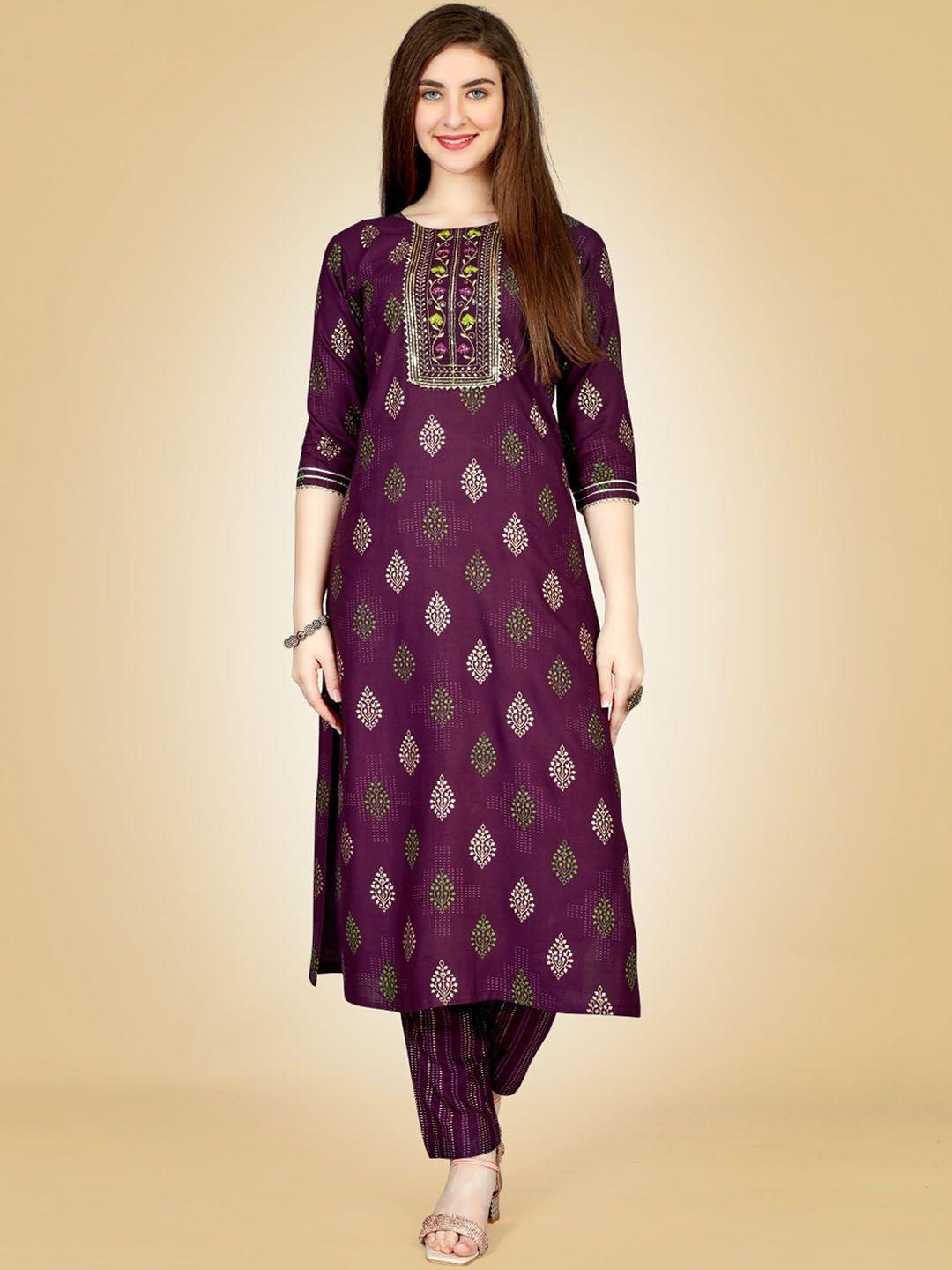 anouk purple ethnic motifs printed regular straight kurta with trousers