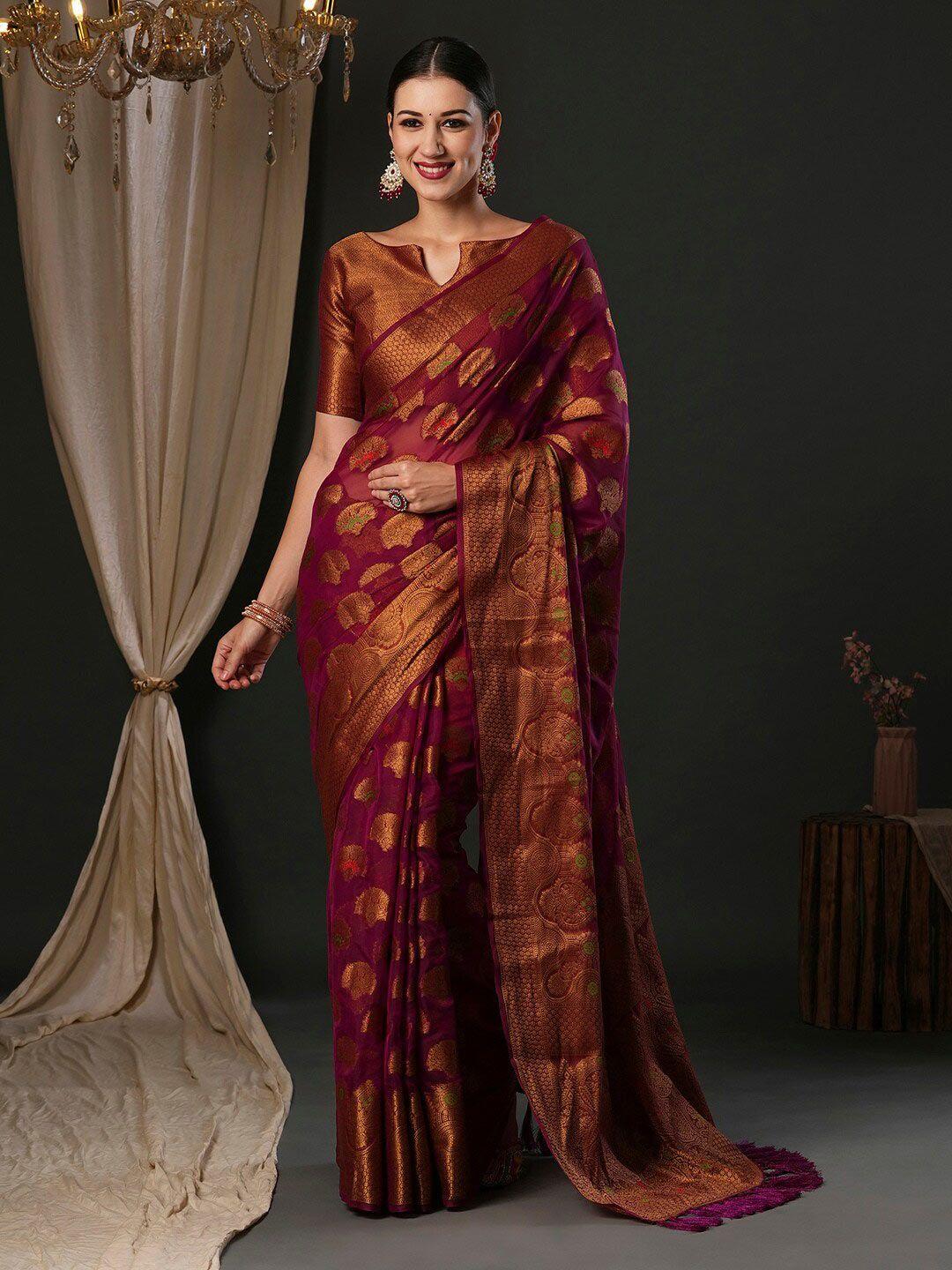 anouk purple ethnic motifs woven design zari organza banarasi saree